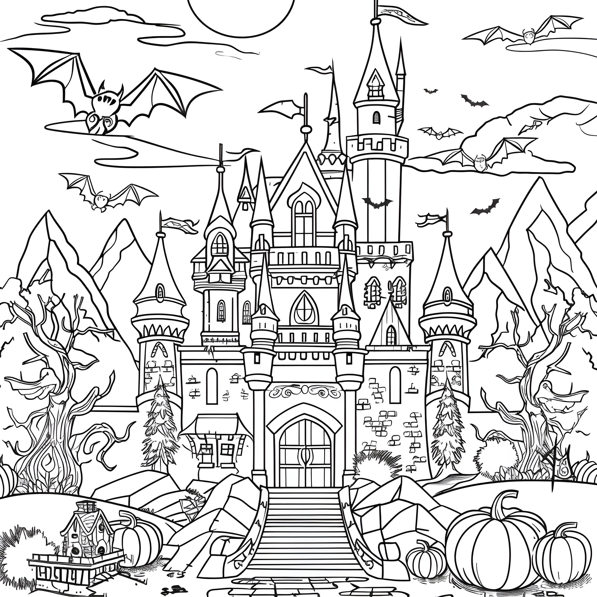 Halloween Castle with Spooky Creatures Coloring Page (free black-and-white line drawing printable PDF for all, from beginners to advanced learners, including children, teens, adults, and seniors)