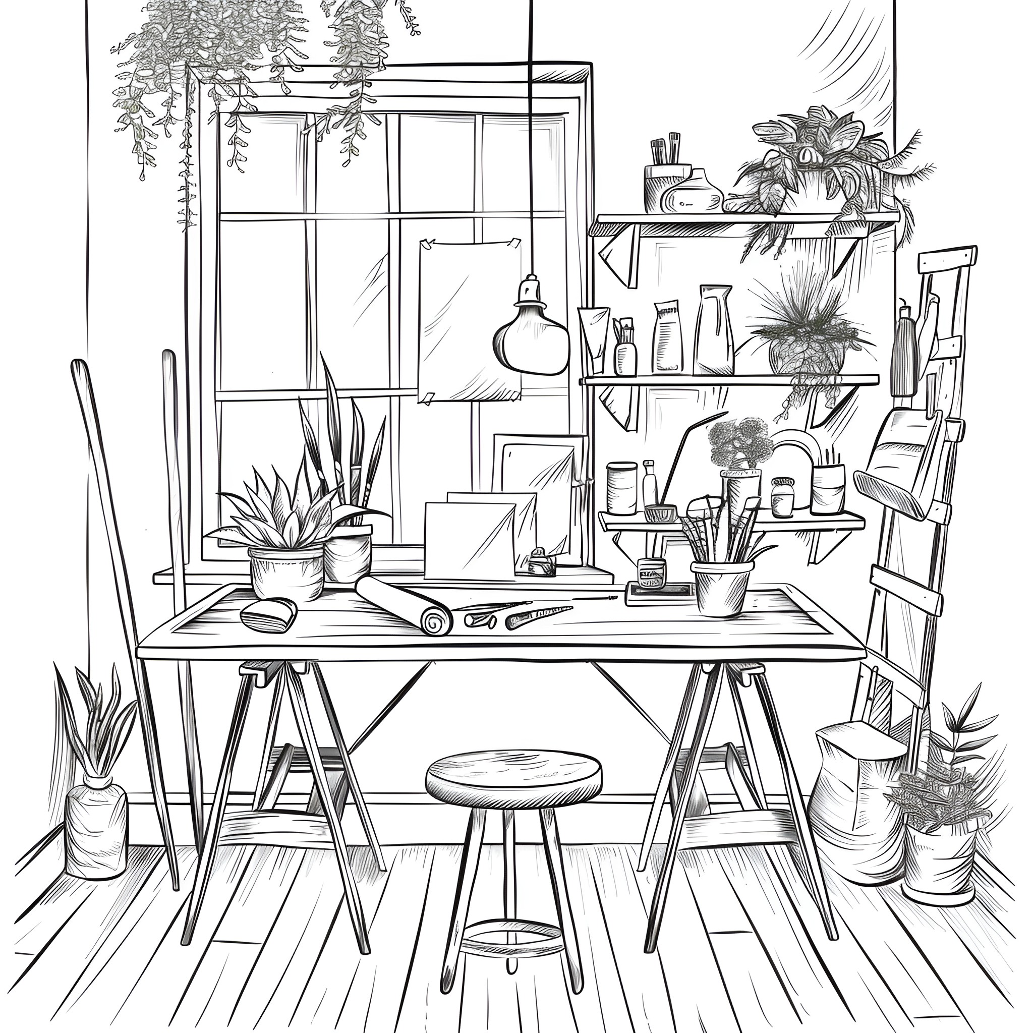 Aesthetic Creative Studio Workspace Coloring Page (free black-and-white line drawing printable PDF for all, from beginners to advanced learners, including children, teens, adults, and seniors)