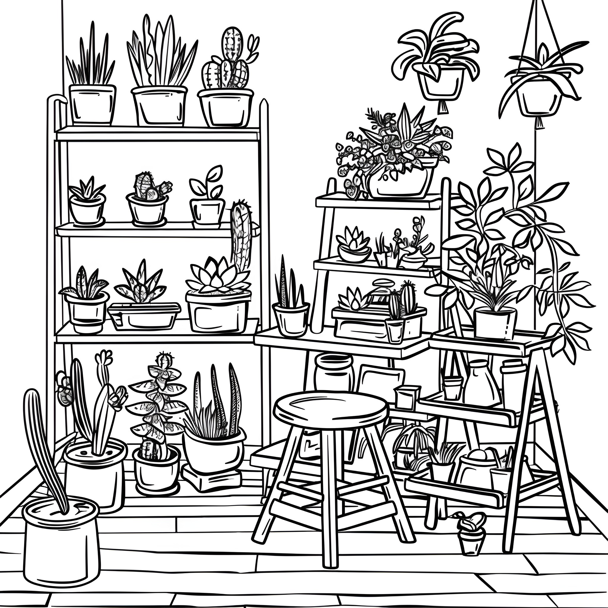 Aesthetic indoor garden with various plants Coloring Page (free black-and-white line drawing printable PDF for all, from beginners to advanced learners, including children, teens, adults, and seniors)