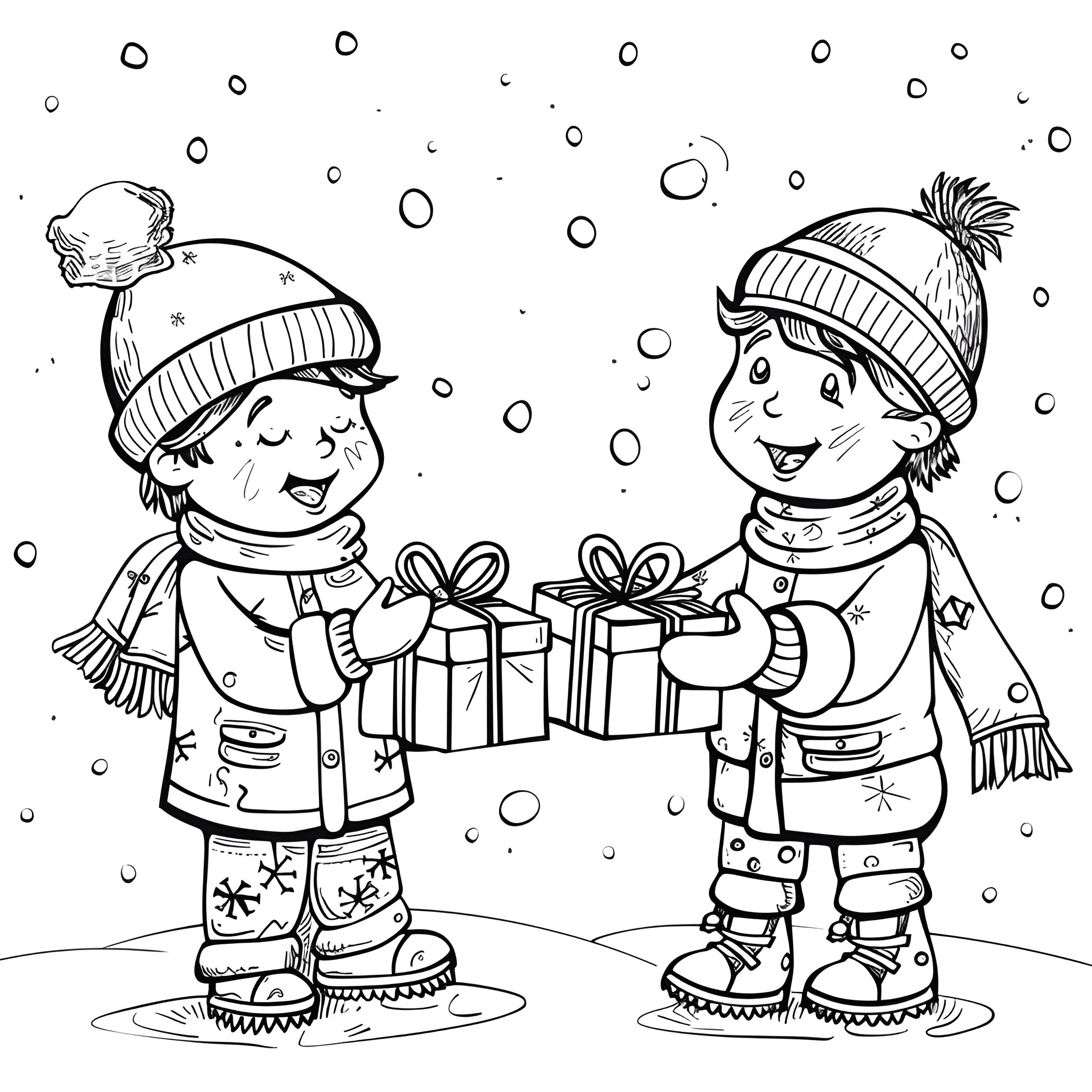 Christmas friends exchanging gifts in the snow Coloring Page (free black-and-white line drawing printable PDF for all, from beginners to advanced learners, including children, teens, adults, and seniors)