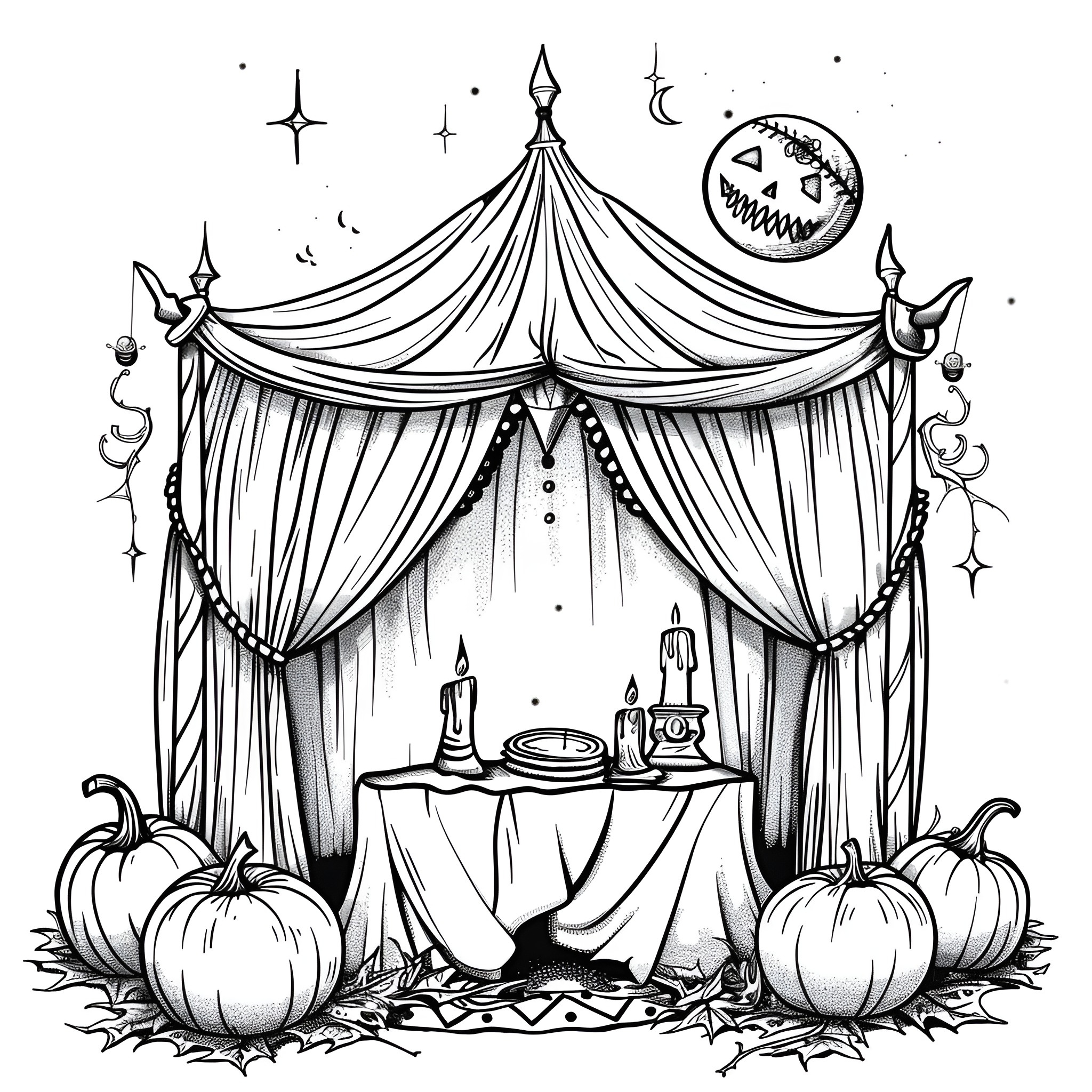 Halloween Spooky Circus Stage Setting Coloring Page (free black-and-white line drawing printable PDF for all, from beginners to advanced learners, including children, teens, adults, and seniors)