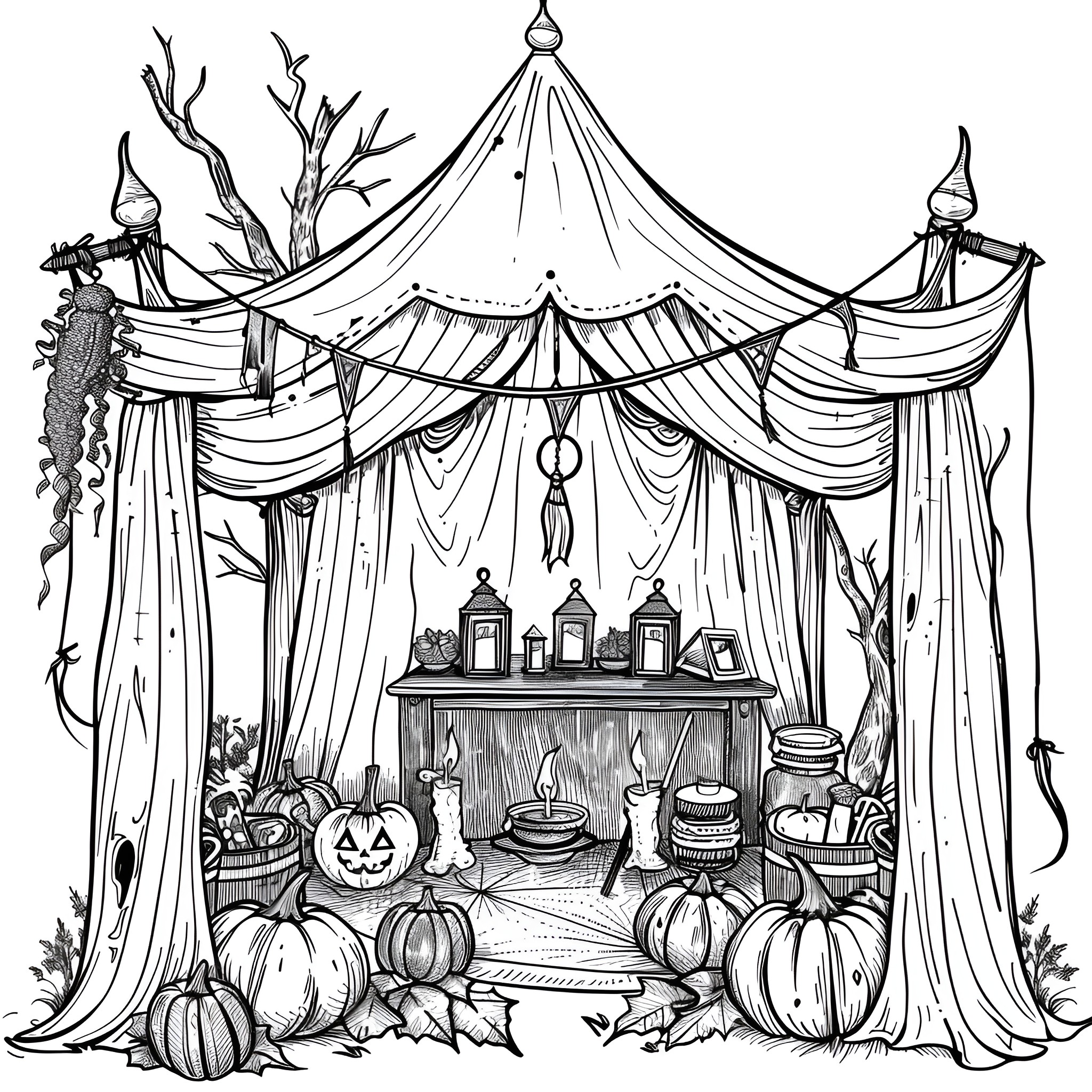 Halloween Spooky Tent with Pumpkins and Decor Coloring Page (free black-and-white line drawing printable PDF for all, from beginners to advanced learners, including children, teens, adults, and seniors)