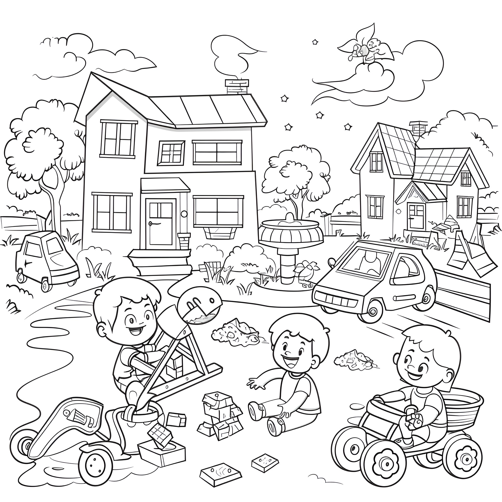 Aesthetic Children Playing Outdoors in Suburban Neighborhood Coloring Page (free black-and-white line drawing printable PDF for all, from beginners to advanced learners, including children, teens, adults, and seniors)