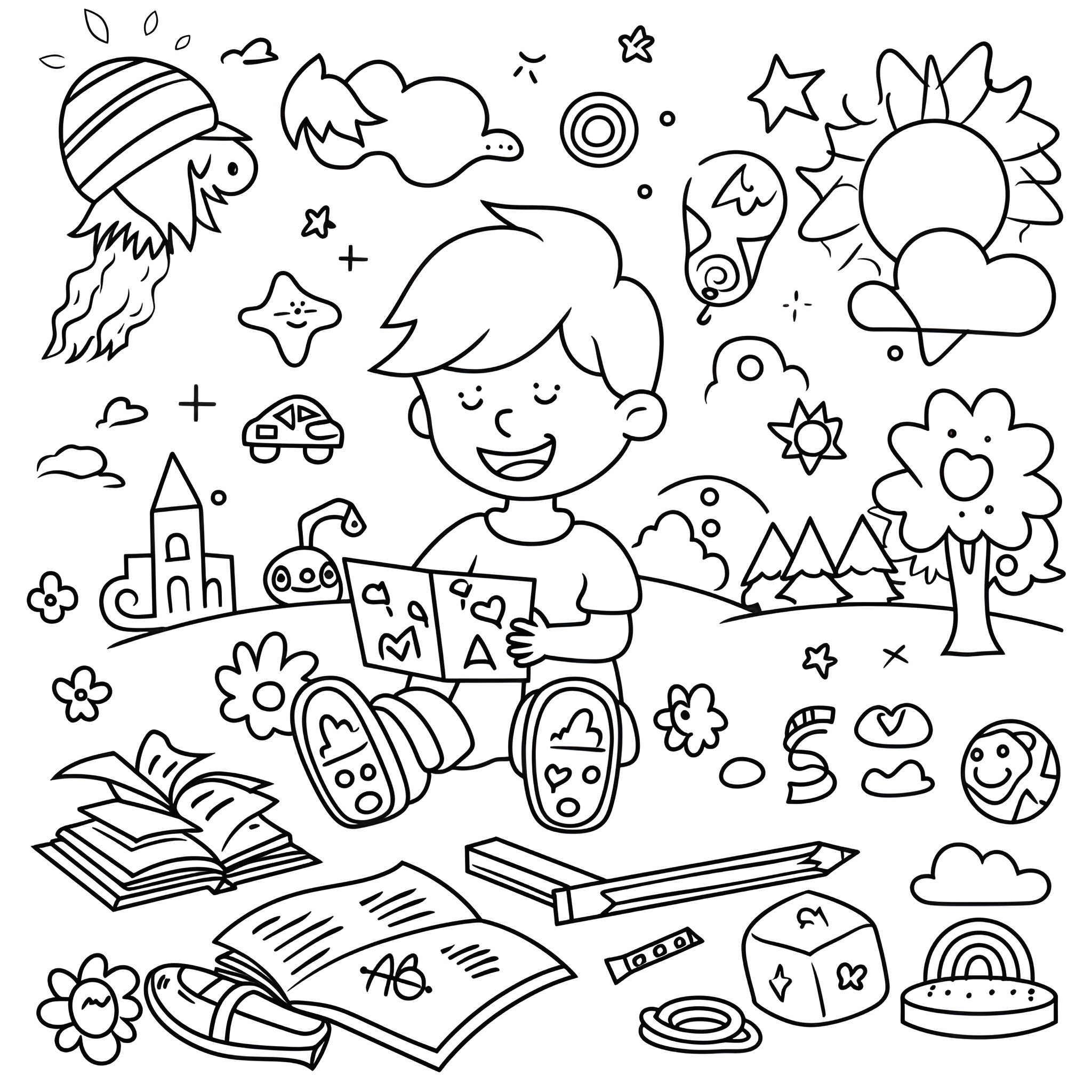 Aesthetic Whimsical Doodles of a Joyful Child Coloring Page (free black-and-white line drawing printable PDF for all, from beginners to advanced learners, including children, teens, adults, and seniors)