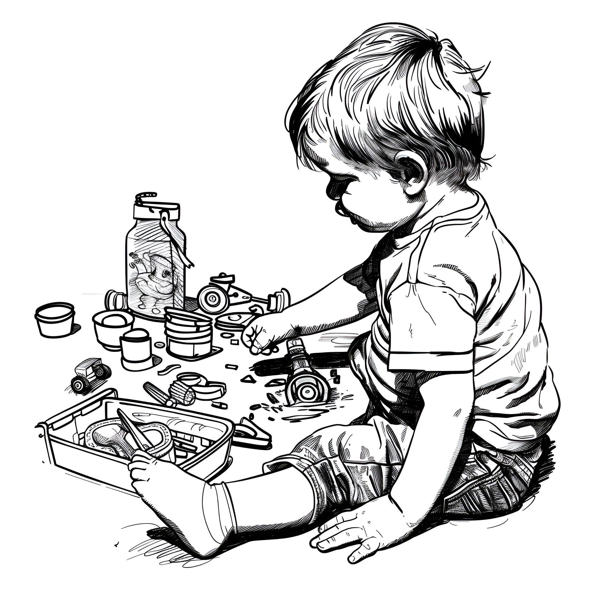 Aesthetic Young Artist at Play Coloring Page (free black-and-white line drawing printable PDF for all, from beginners to advanced learners, including children, teens, adults, and seniors)