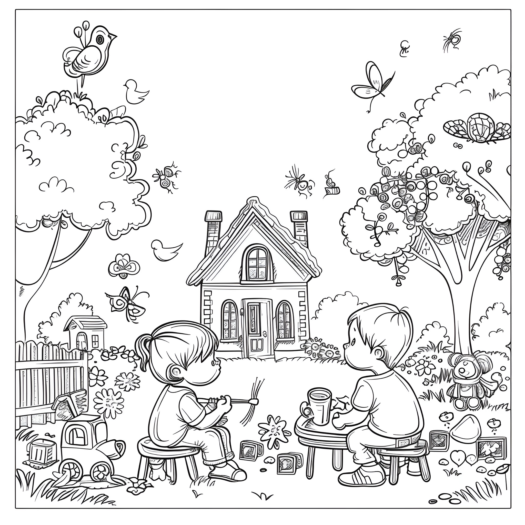 Aesthetic children playing joyfully in nature Coloring Page (free black-and-white line drawing printable PDF for all, from beginners to advanced learners, including children, teens, adults, and seniors)