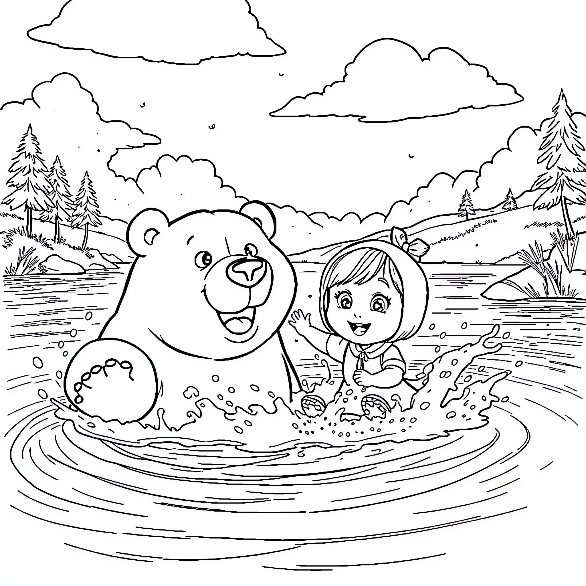 Masha and Bear playing happily in the lake Coloring Page (free black-and-white line drawing printable PDF for all, from beginners to advanced learners, including children, teens, adults, and seniors)