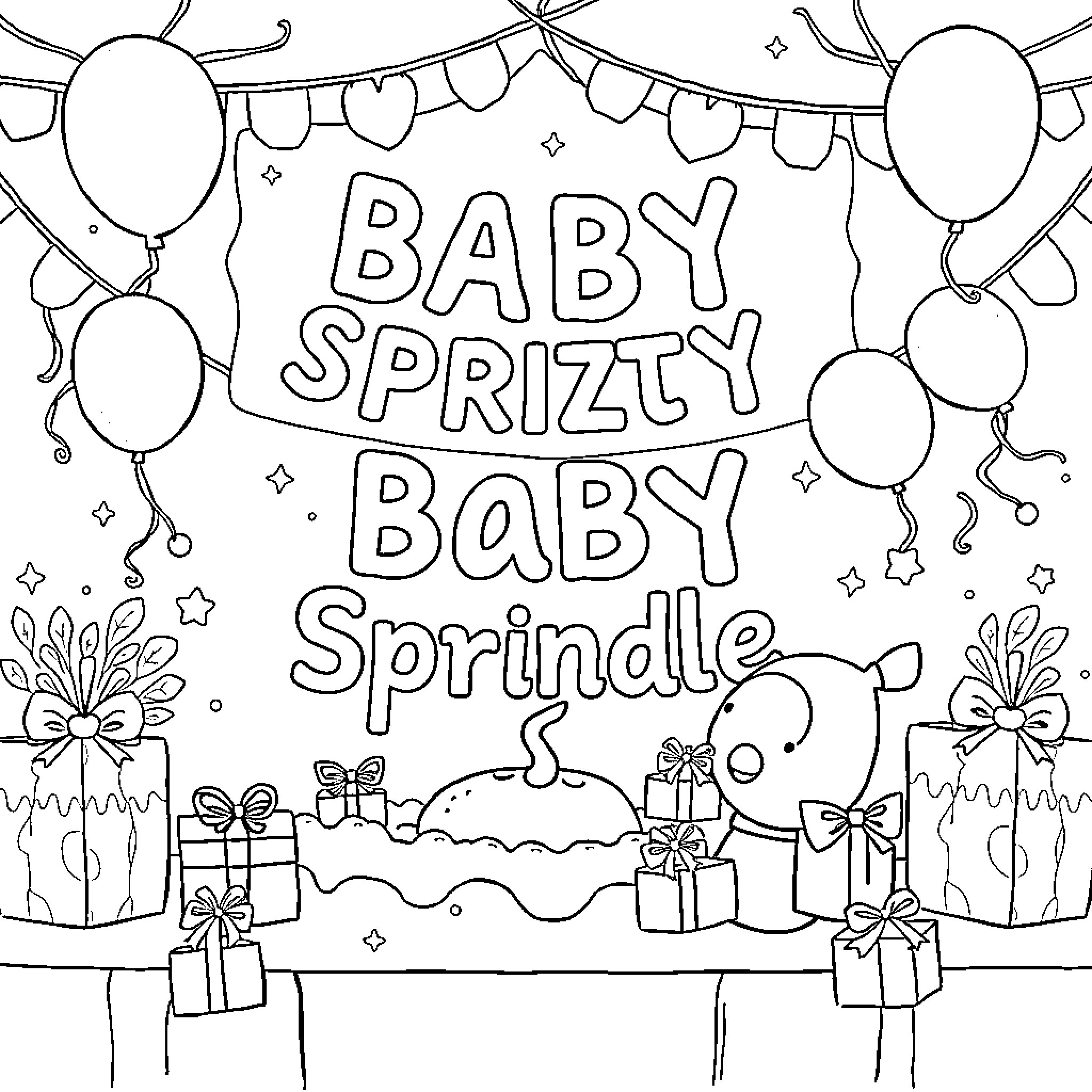 Baby's Spritz Party with Gifts and Balloons Coloring Page (free black-and-white line drawing printable PDF for all, from beginners to advanced learners, including children, teens, adults, and seniors)