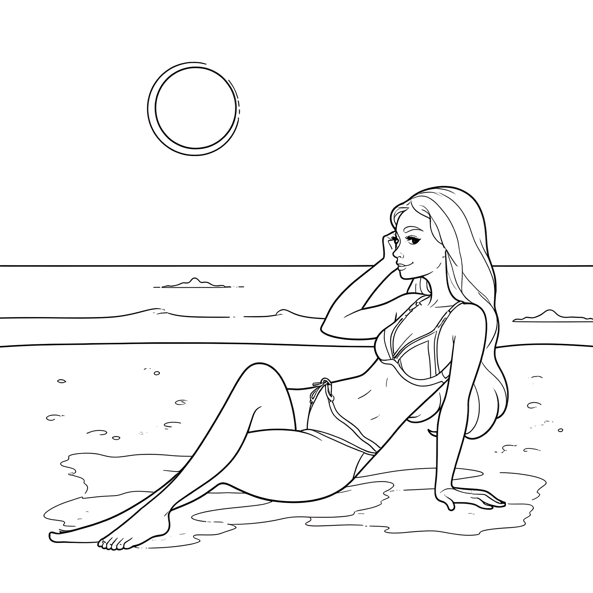 Pepa relaxing on the beach Coloring Page (free black-and-white line drawing printable PDF for all, from beginners to advanced learners, including children, teens, adults, and seniors)