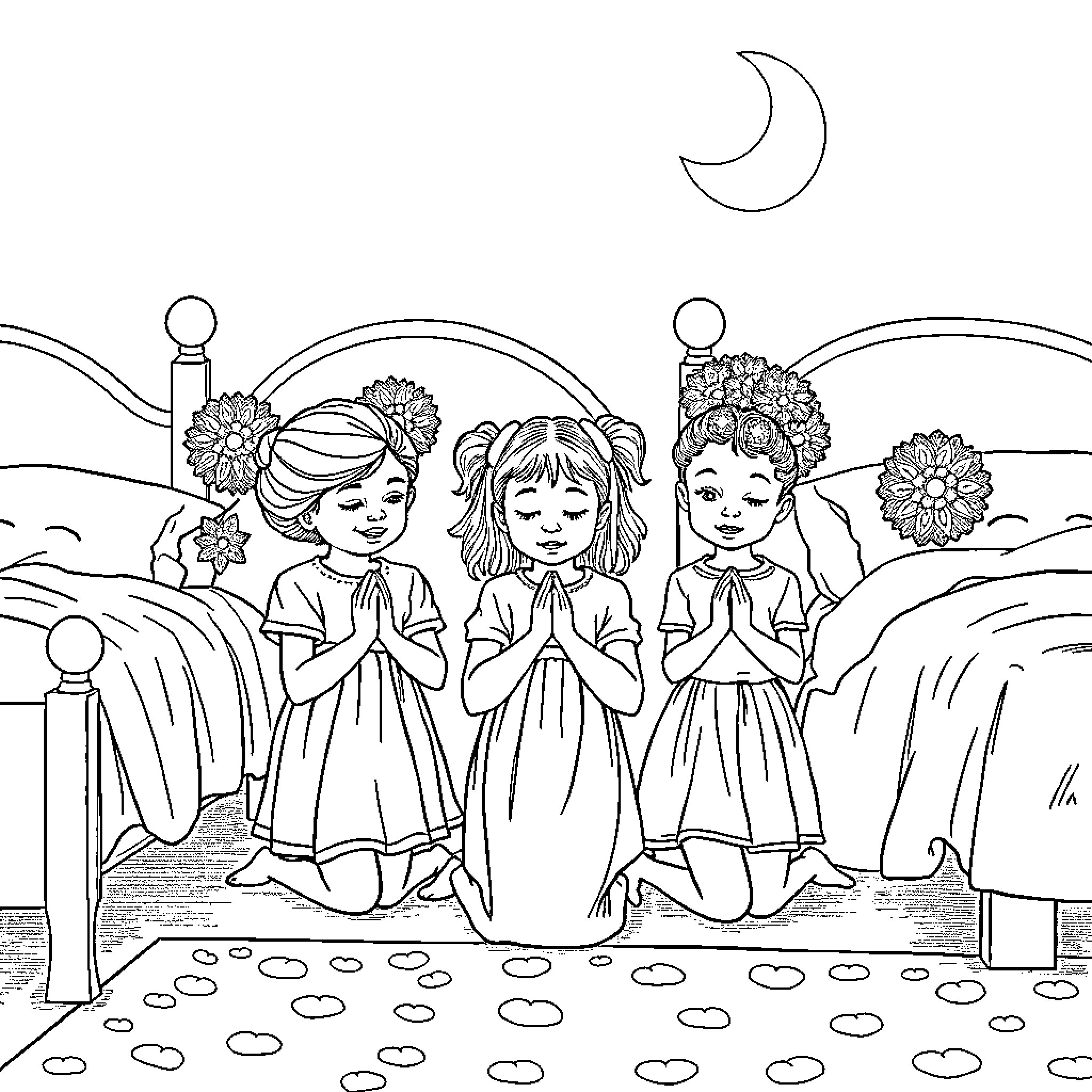 Girls praying in a serene landscape Coloring Page (free black-and-white line drawing printable PDF for all, from beginners to advanced learners, including children, teens, adults, and seniors)