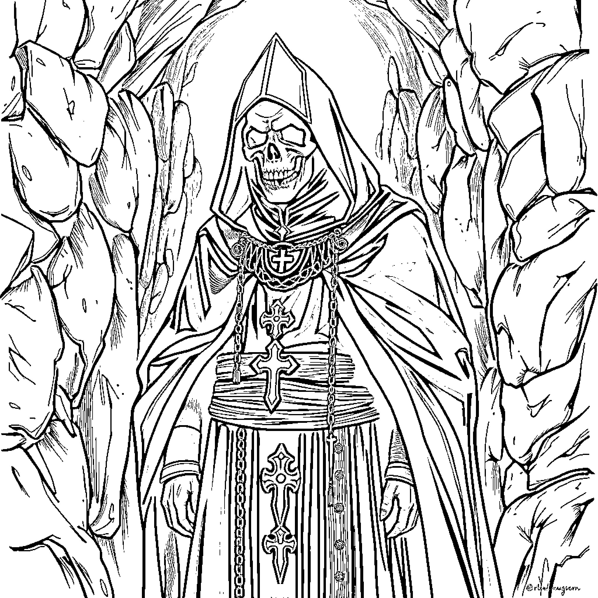 Papa Emeritus in Haunting Ritual Coloring Page (free black-and-white line drawing printable PDF for all, from beginners to advanced learners, including children, teens, adults, and seniors)
