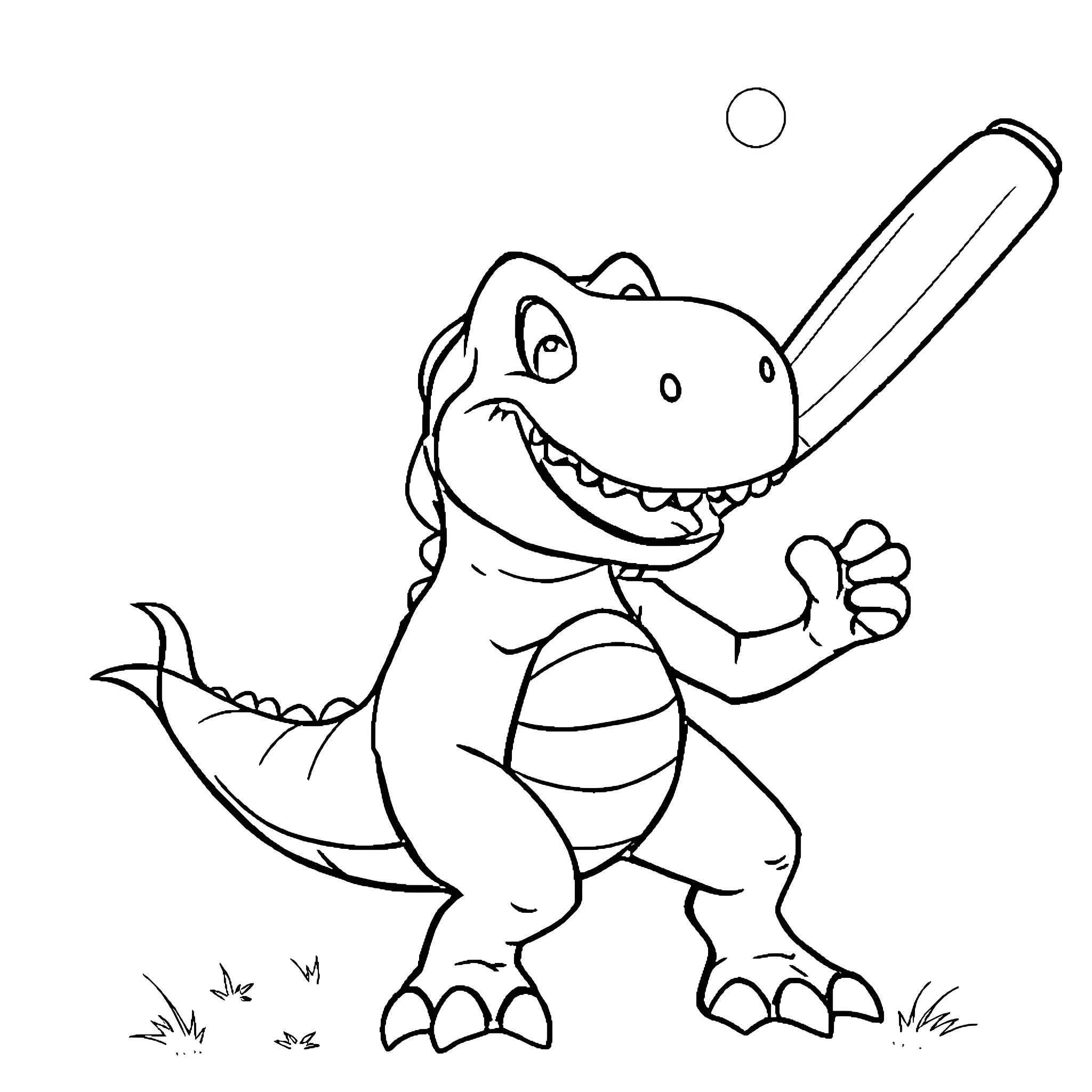 T-Rex playing happily with a baseball bat Coloring Page (free black-and-white line drawing printable PDF for all, from beginners to advanced learners, including children, teens, adults, and seniors)