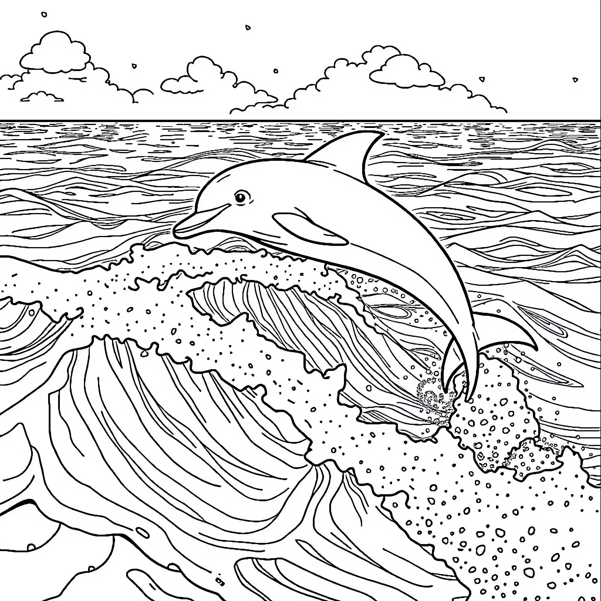 Dolphin jumping playfully in the ocean waves Coloring Page (free black-and-white line drawing printable PDF for all, from beginners to advanced learners, including children, teens, adults, and seniors)