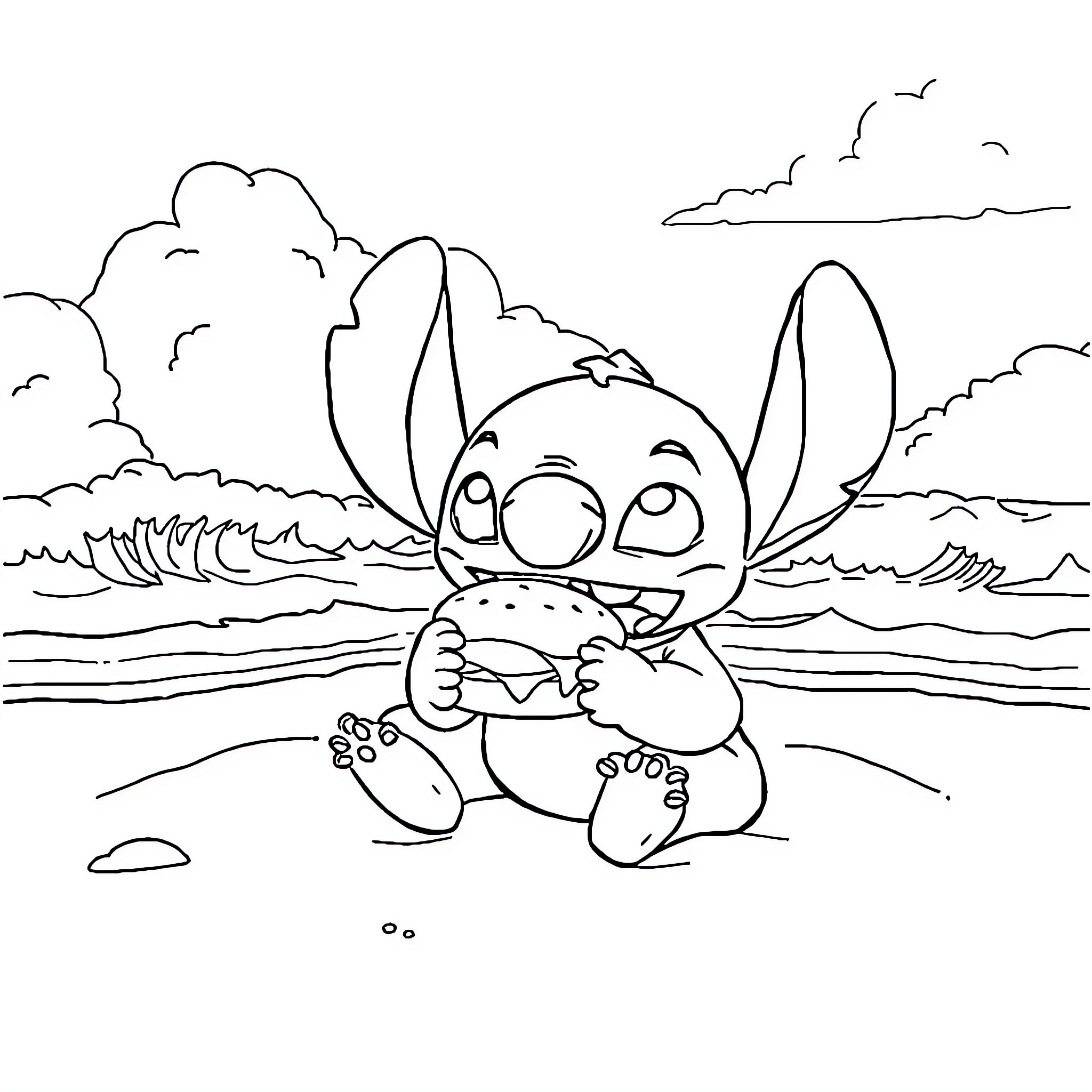 Stitch enjoying a seaside snack on the beach Coloring Page (free black-and-white line drawing printable PDF for all, from beginners to advanced learners, including children, teens, adults, and seniors)