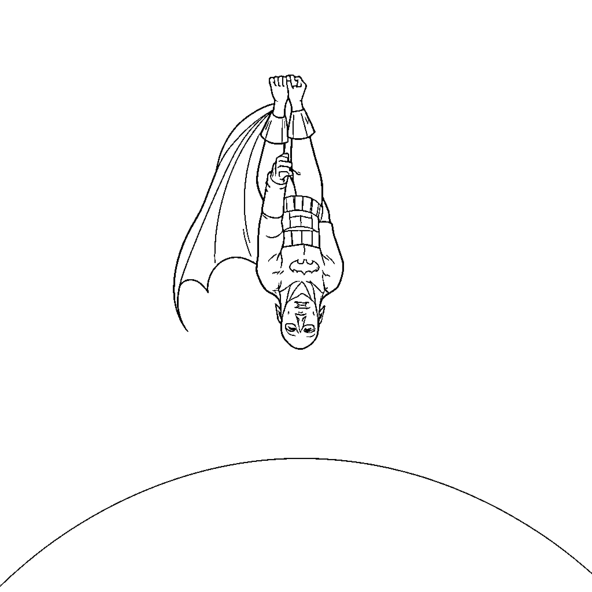Batman Hangs Upside Down in the Night Sky Coloring Page (free black-and-white line drawing printable PDF for all, from beginners to advanced learners, including children, teens, adults, and seniors)
