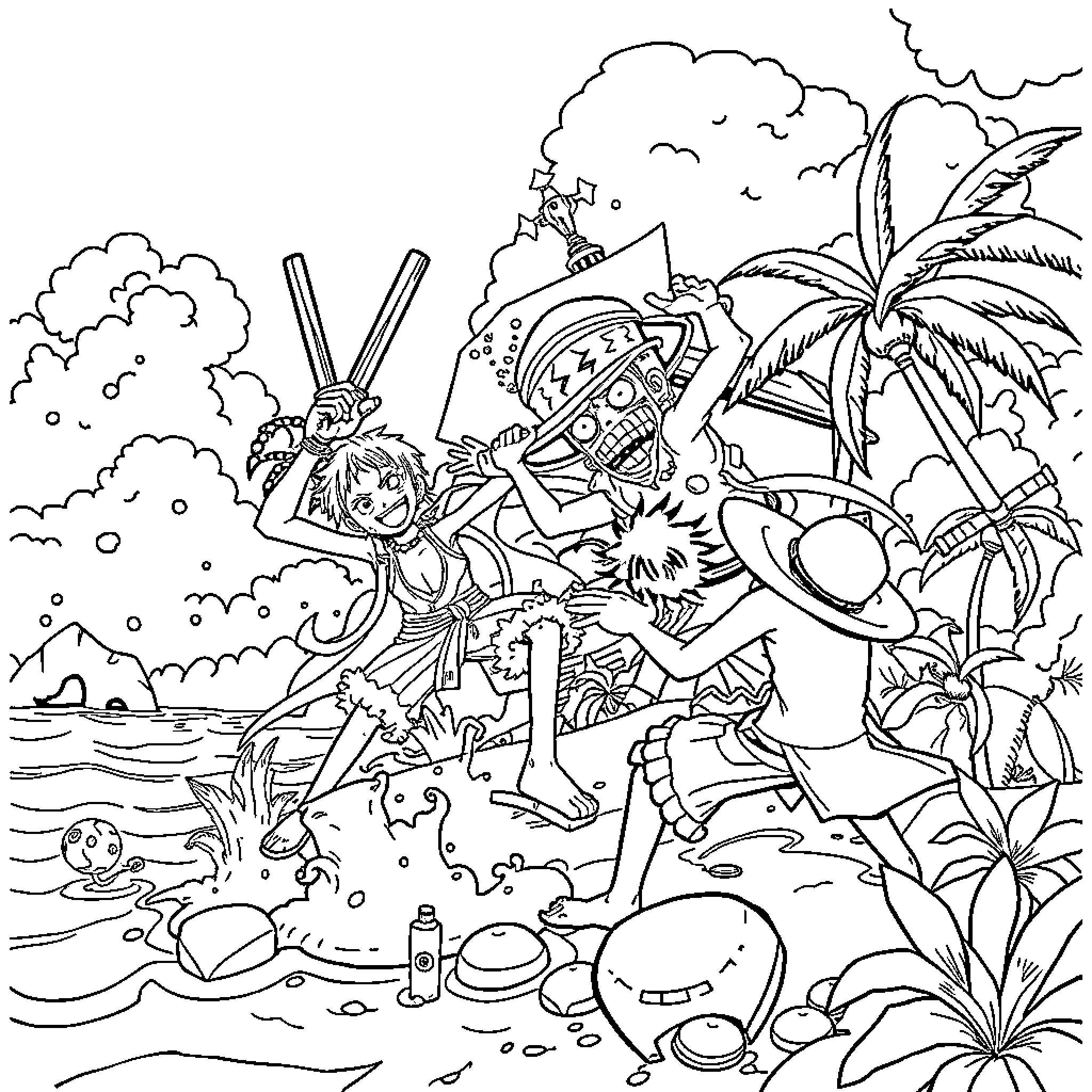 One Piece: Adventurous Pirates on a Tropical Island Coloring Page (free black-and-white line drawing printable PDF for all, from beginners to advanced learners, including children, teens, adults, and seniors)