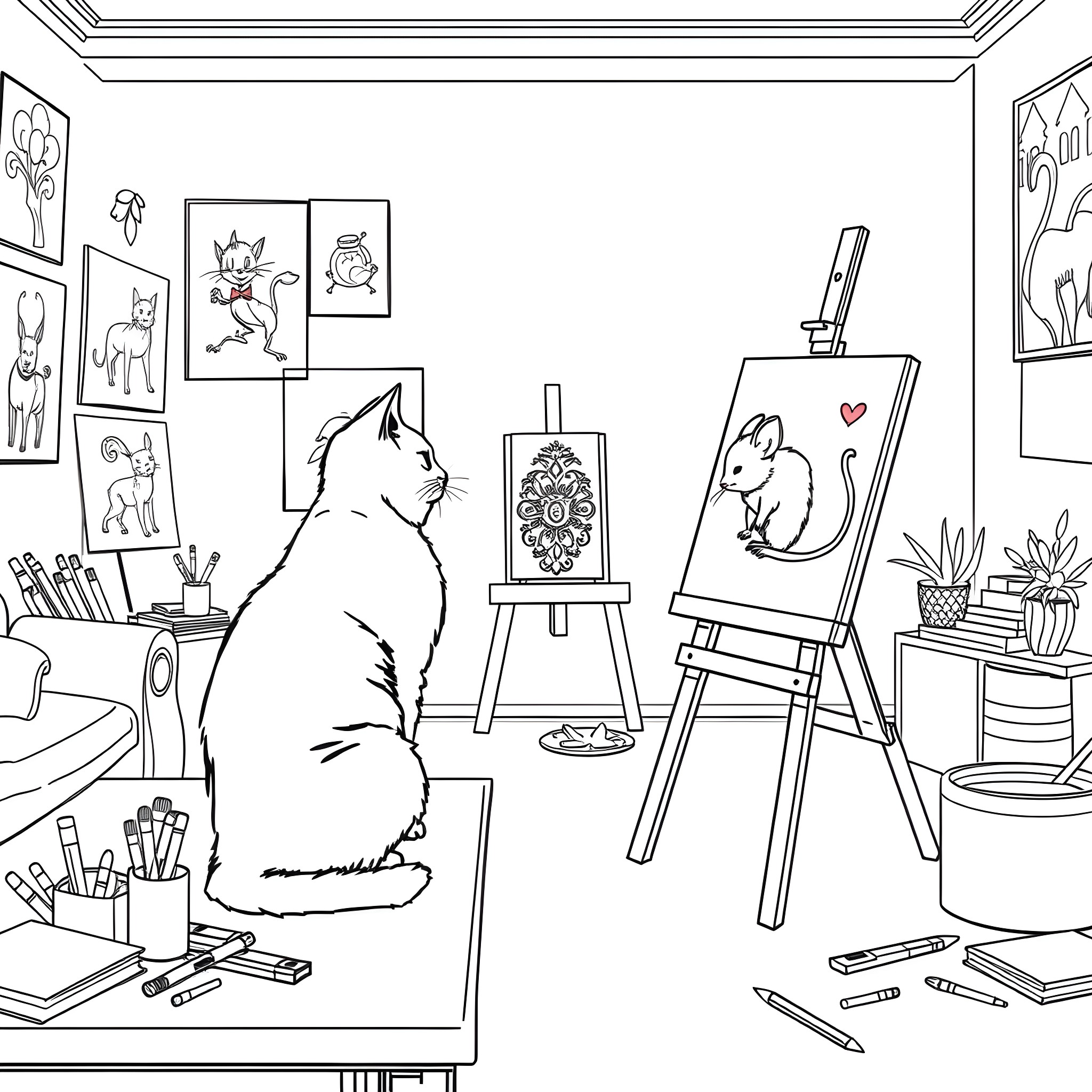 Cat observing an artist's studio with paintings Coloring Page (free black-and-white line drawing printable PDF for all, from beginners to advanced learners, including children, teens, adults, and seniors)