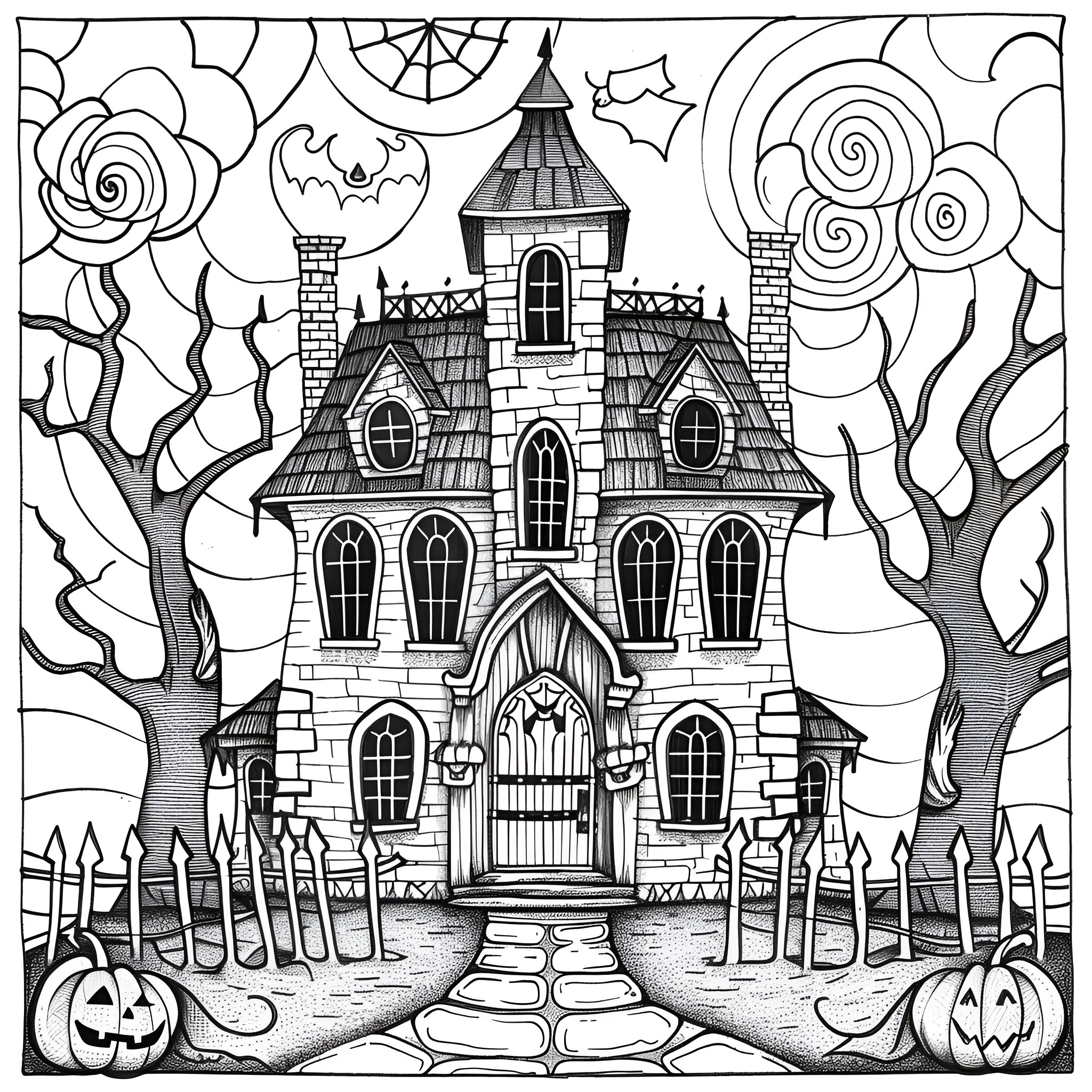 Halloween haunted house with creepy decorations Coloring Page (free black-and-white line drawing printable PDF for all, from beginners to advanced learners, including children, teens, adults, and seniors)