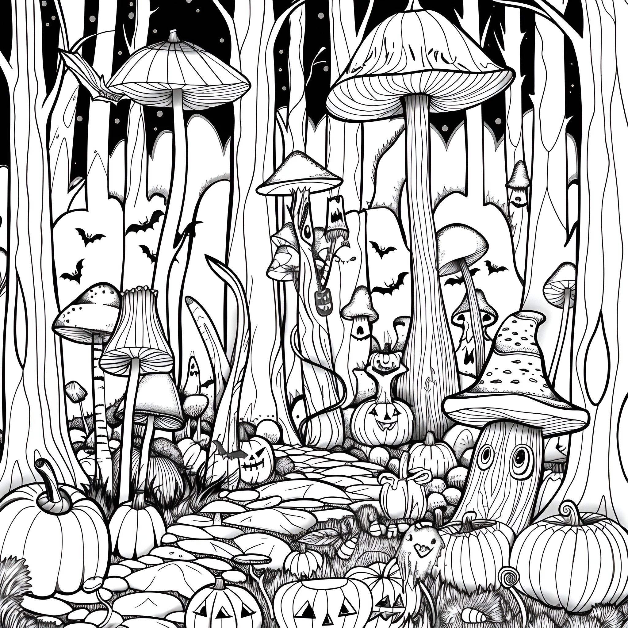 Halloween Spooky Mushroom Forest Landscape Coloring Page (free black-and-white line drawing printable PDF for all, from beginners to advanced learners, including children, teens, adults, and seniors)