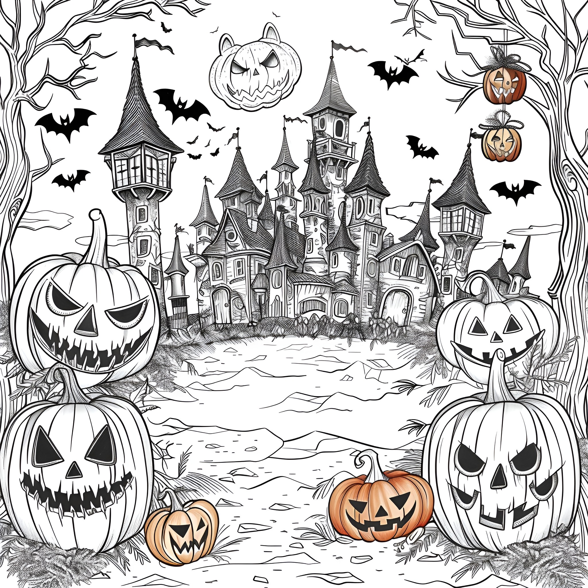 Halloween haunted castle and pumpkins illustration Coloring Page (free black-and-white line drawing printable PDF for all, from beginners to advanced learners, including children, teens, adults, and seniors)