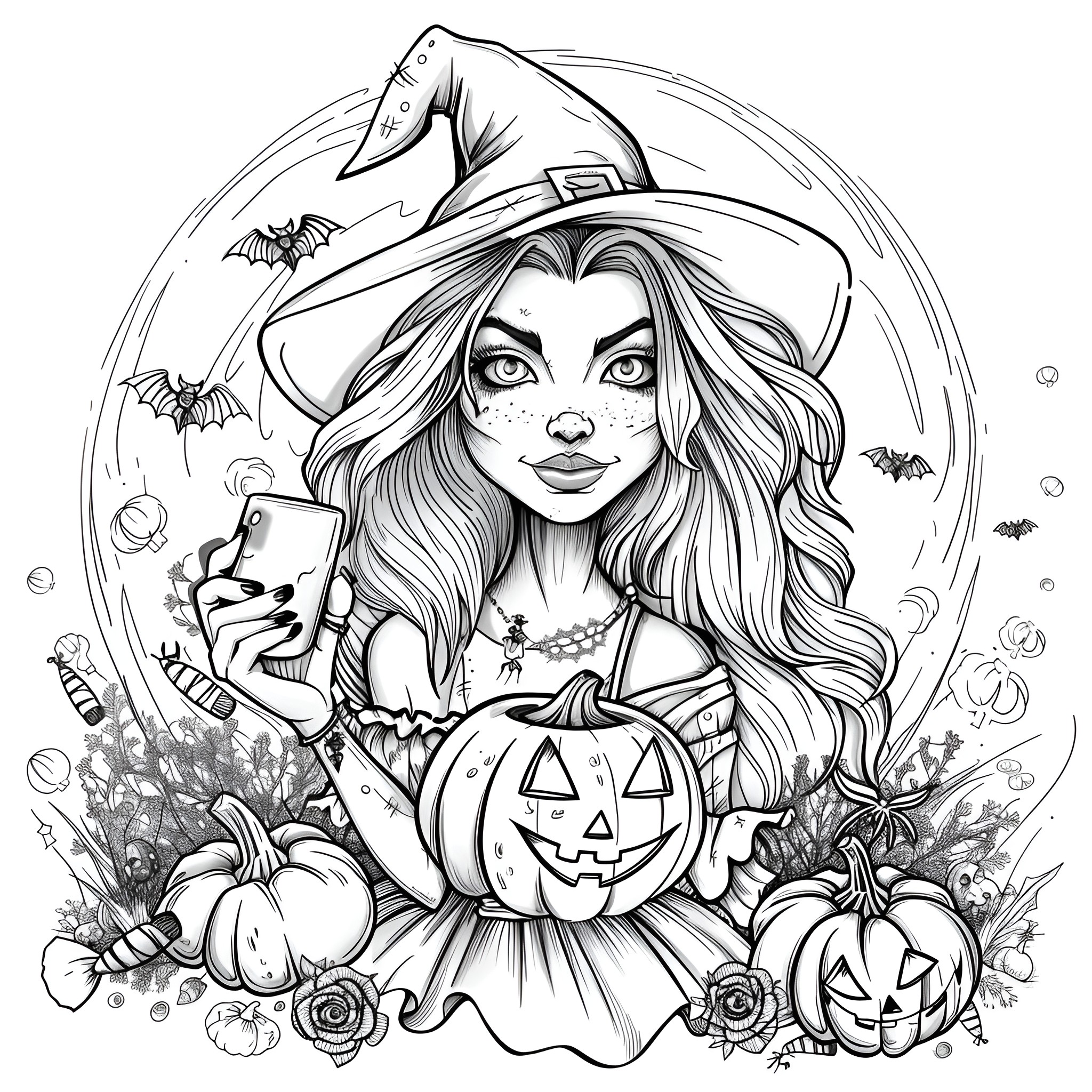 Halloween witch with pumpkin and bats Coloring Page (free black-and-white line drawing printable PDF for all, from beginners to advanced learners, including children, teens, adults, and seniors)