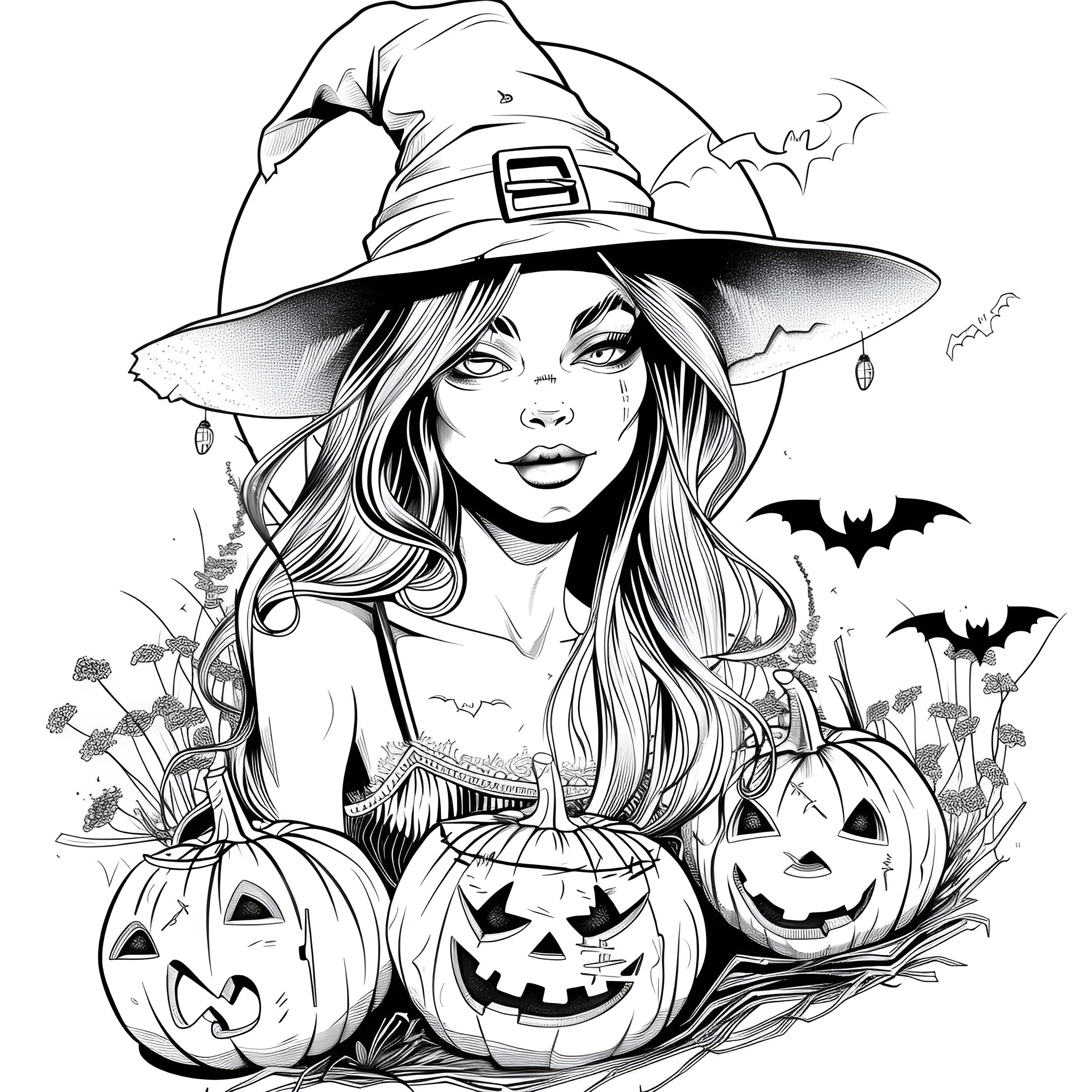 Halloween witch with pumpkins and bats Coloring Page (free black-and-white line drawing printable PDF for all, from beginners to advanced learners, including children, teens, adults, and seniors)