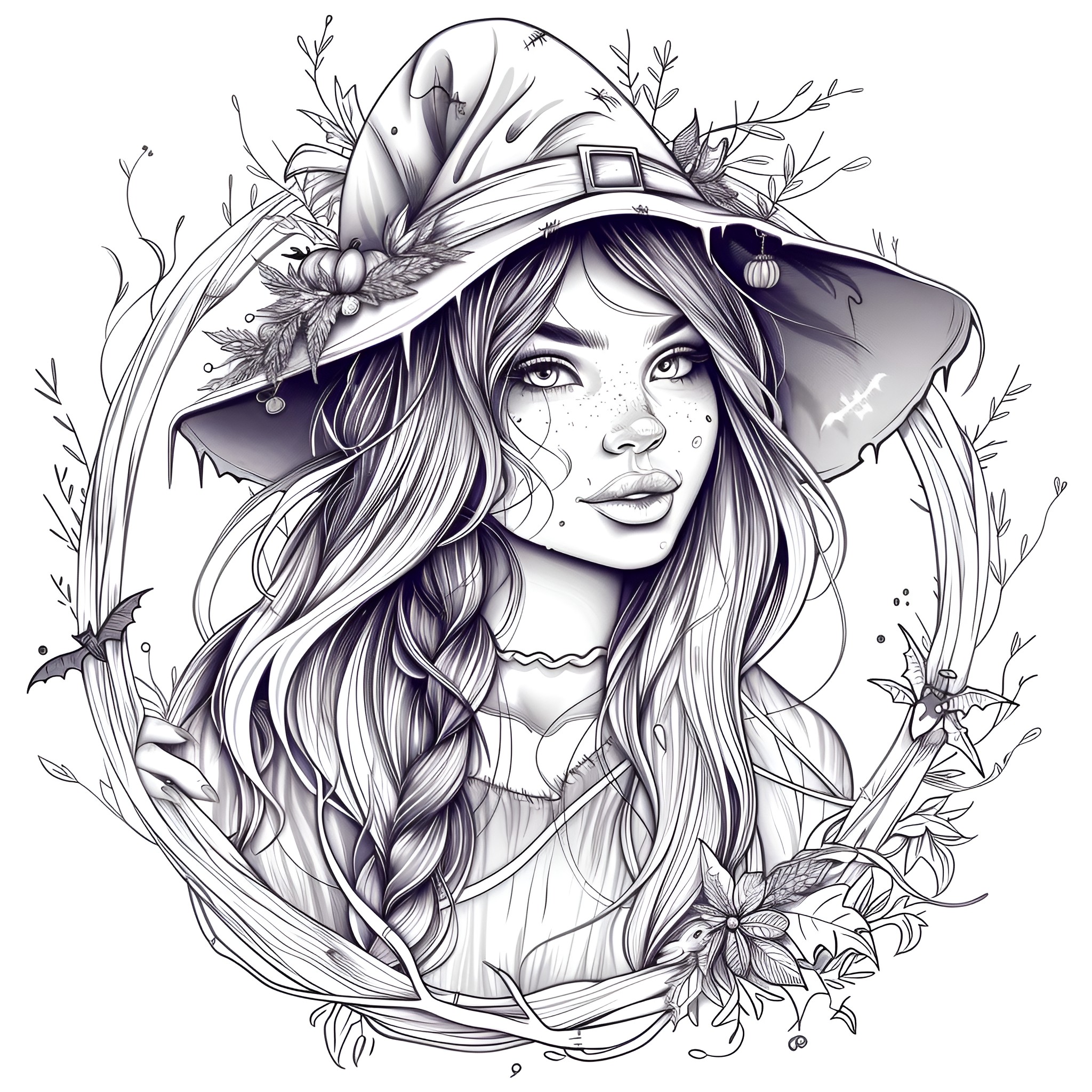 Halloween portrait of a young witch with floral details Coloring Page (free black-and-white line drawing printable PDF for all, from beginners to advanced learners, including children, teens, adults, and seniors)