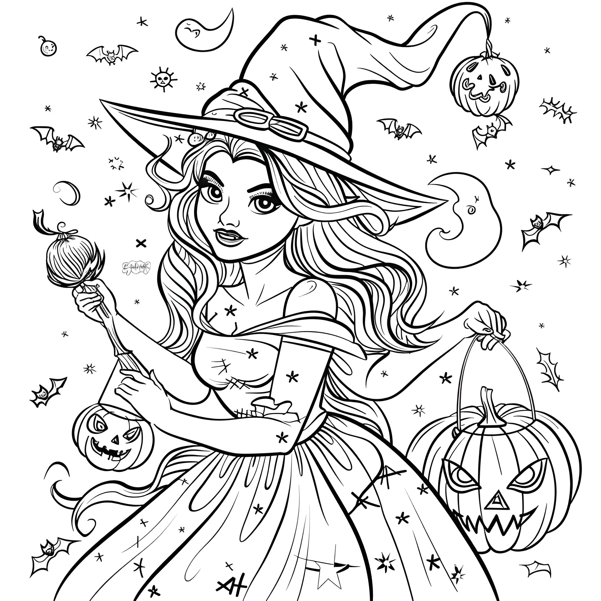 Halloween Witch with Pumpkin Lanterns Coloring Page (free black-and-white line drawing printable PDF for all, from beginners to advanced learners, including children, teens, adults, and seniors)