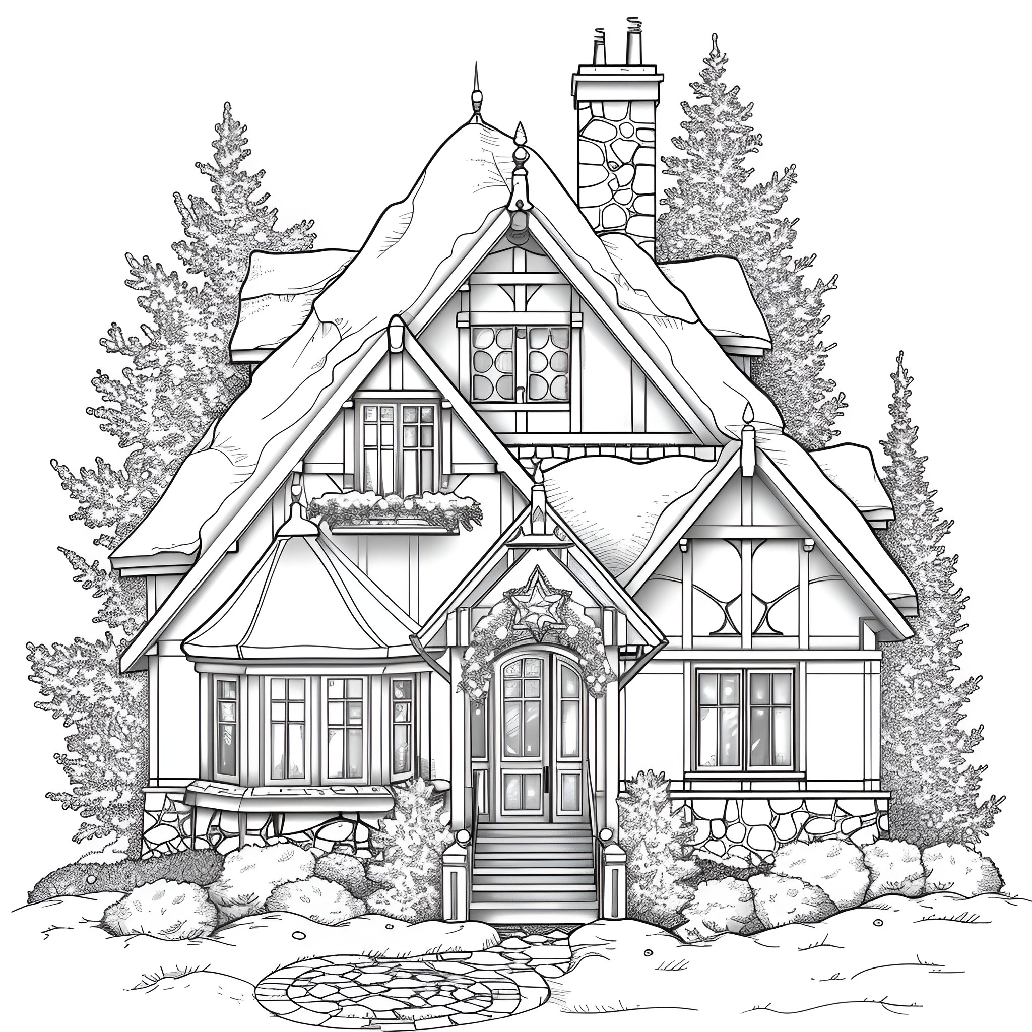 Christmas cottage in the snowy forest Coloring Page (free black-and-white line drawing printable PDF for all, from beginners to advanced learners, including children, teens, adults, and seniors)