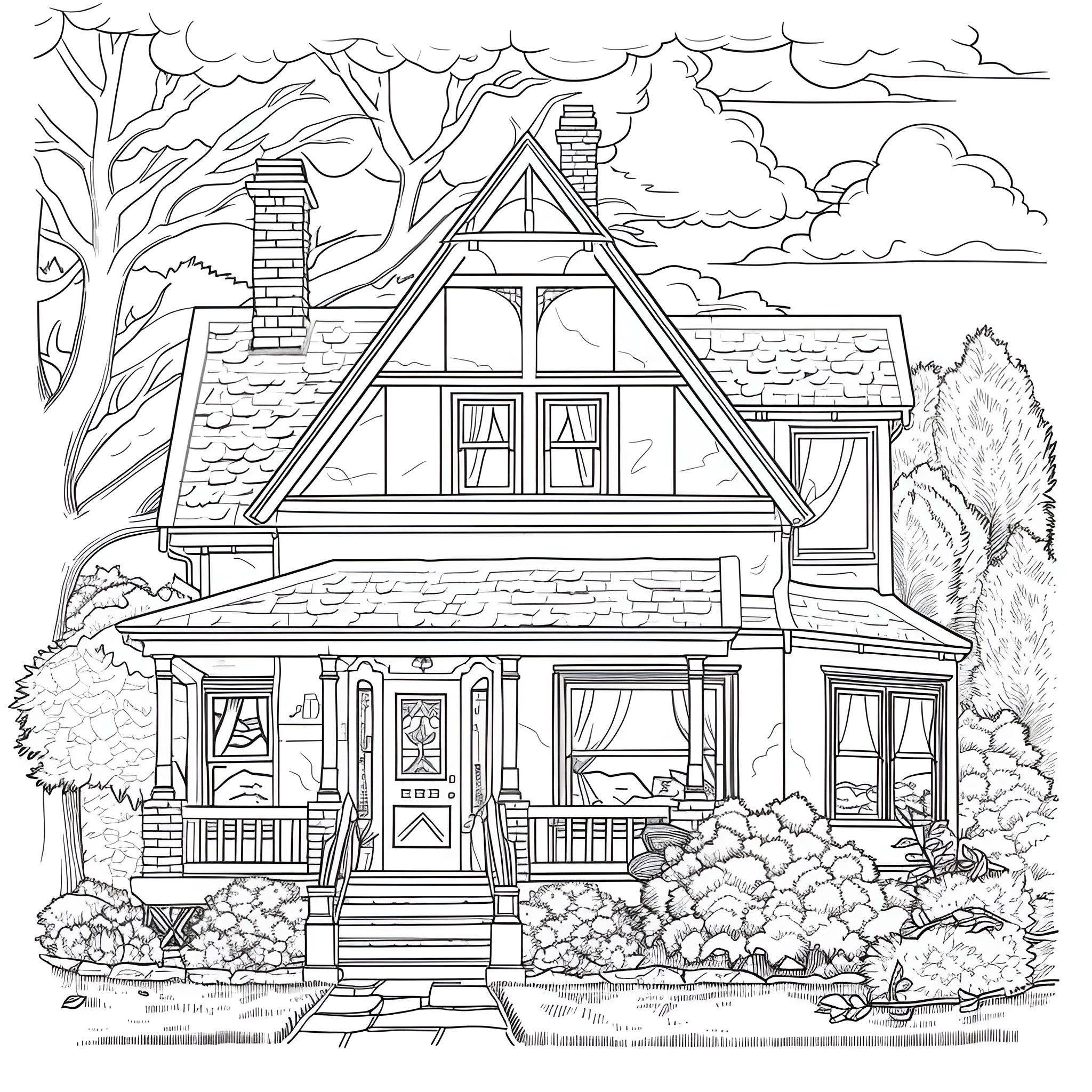 Aesthetic Cozy Country House with Porch Coloring Page (free black-and-white line drawing printable PDF for all, from beginners to advanced learners, including children, teens, adults, and seniors)