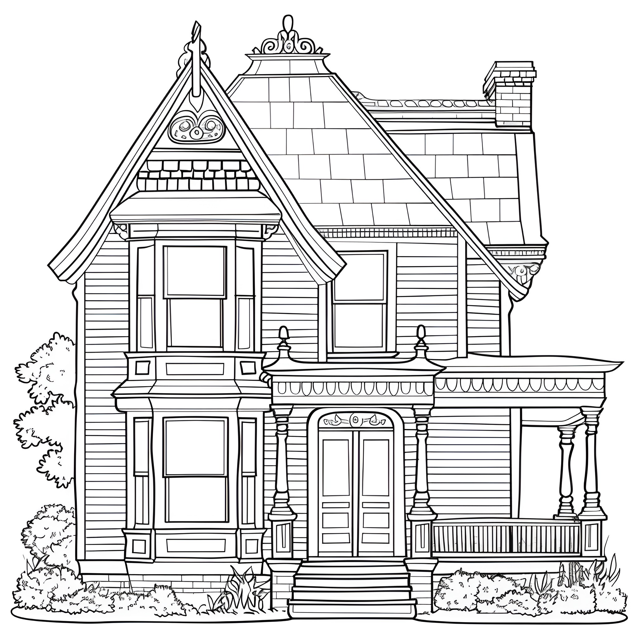 Aesthetic Victorian-style House Illustration Coloring Page (free black-and-white line drawing printable PDF for all, from beginners to advanced learners, including children, teens, adults, and seniors)