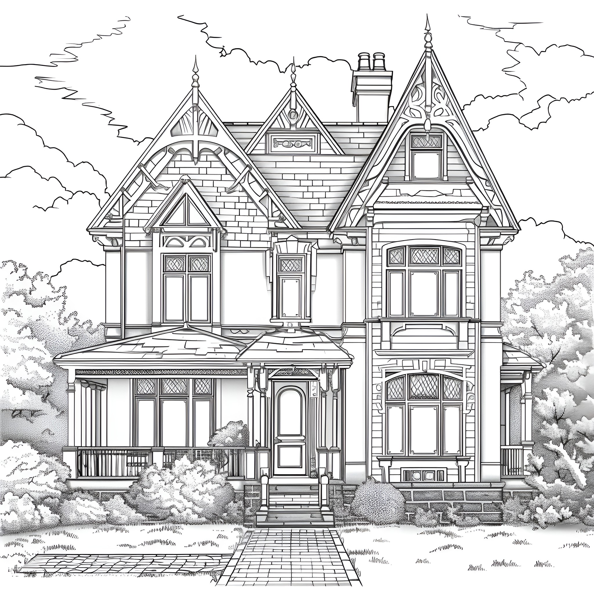 Aesthetic Victorian-style manor house Coloring Page (free black-and-white line drawing printable PDF for all, from beginners to advanced learners, including children, teens, adults, and seniors)