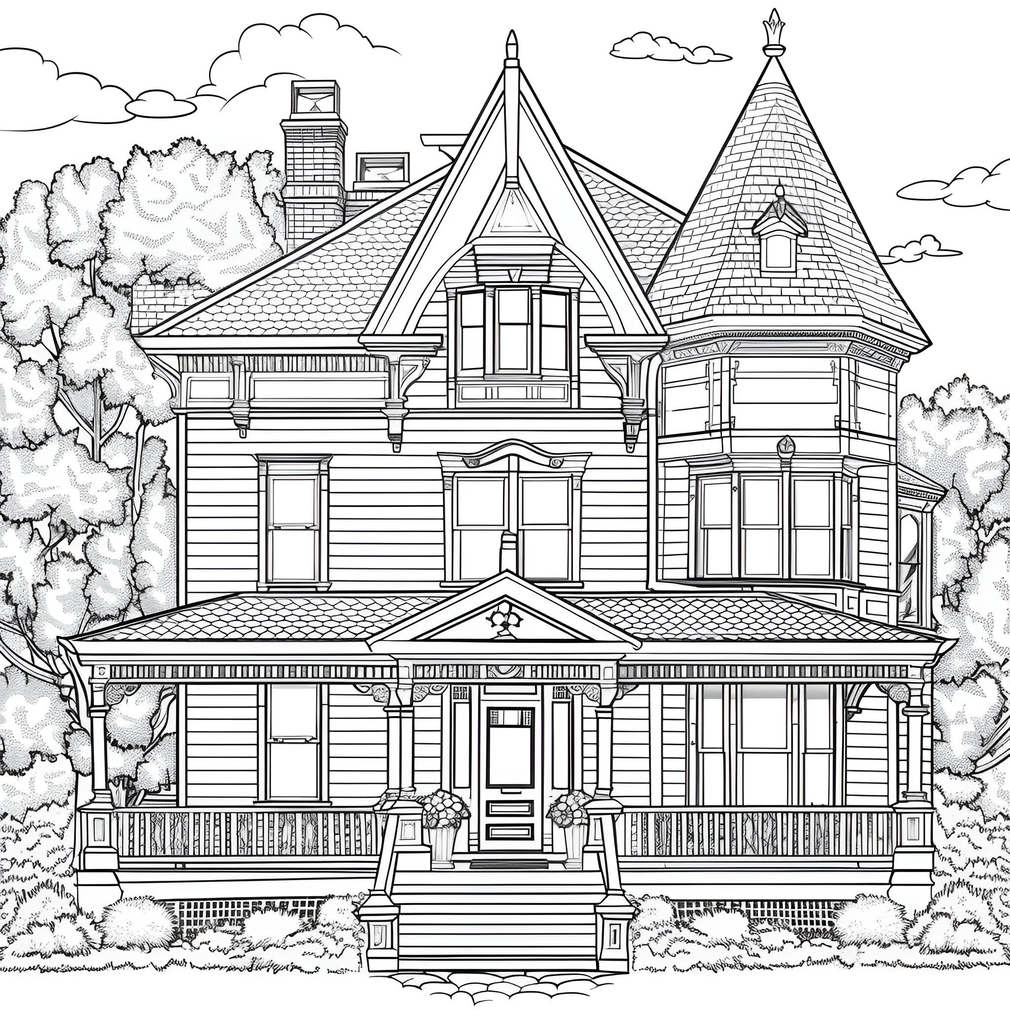 Aesthetic Victorian-style mansion with turrets Coloring Page (free black-and-white line drawing printable PDF for all, from beginners to advanced learners, including children, teens, adults, and seniors)