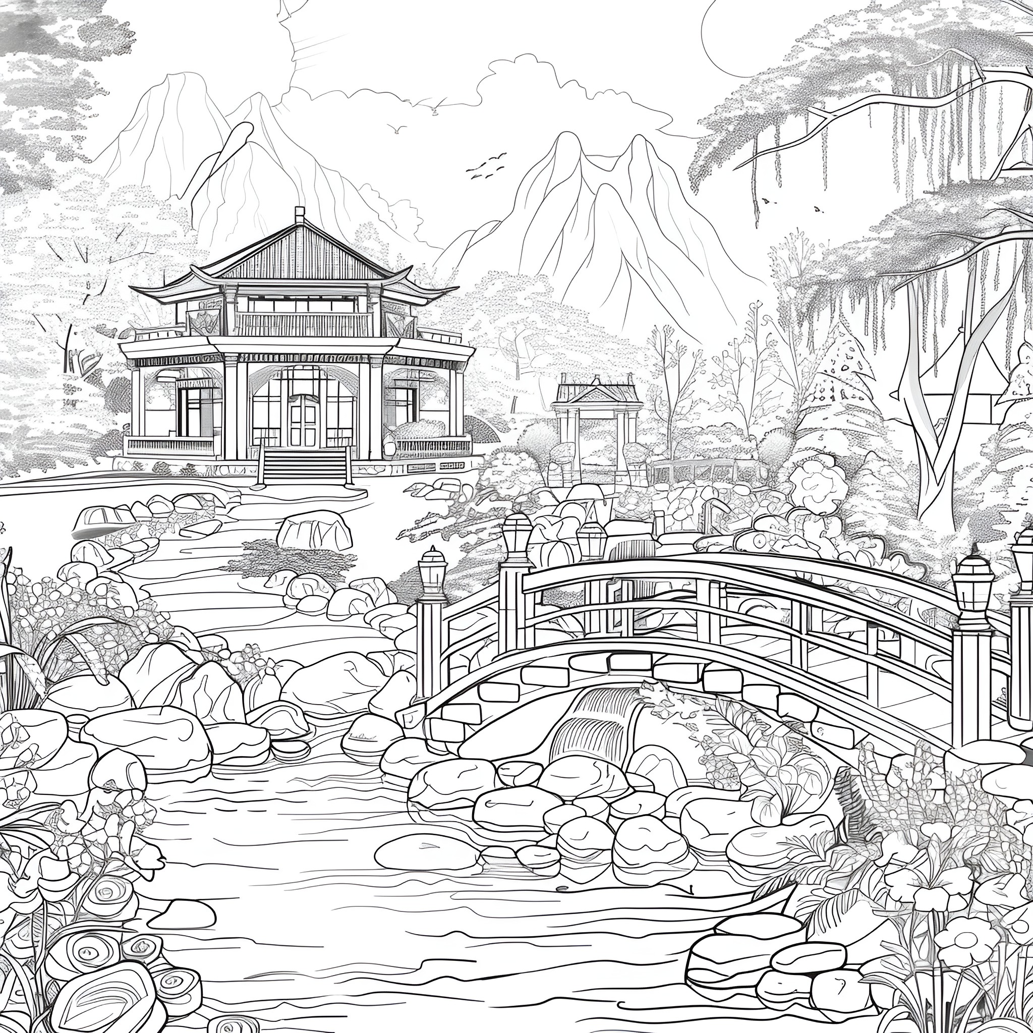 Aesthetic Asian landscape with pagoda and bridge Coloring Page (free black-and-white line drawing printable PDF for all, from beginners to advanced learners, including children, teens, adults, and seniors)