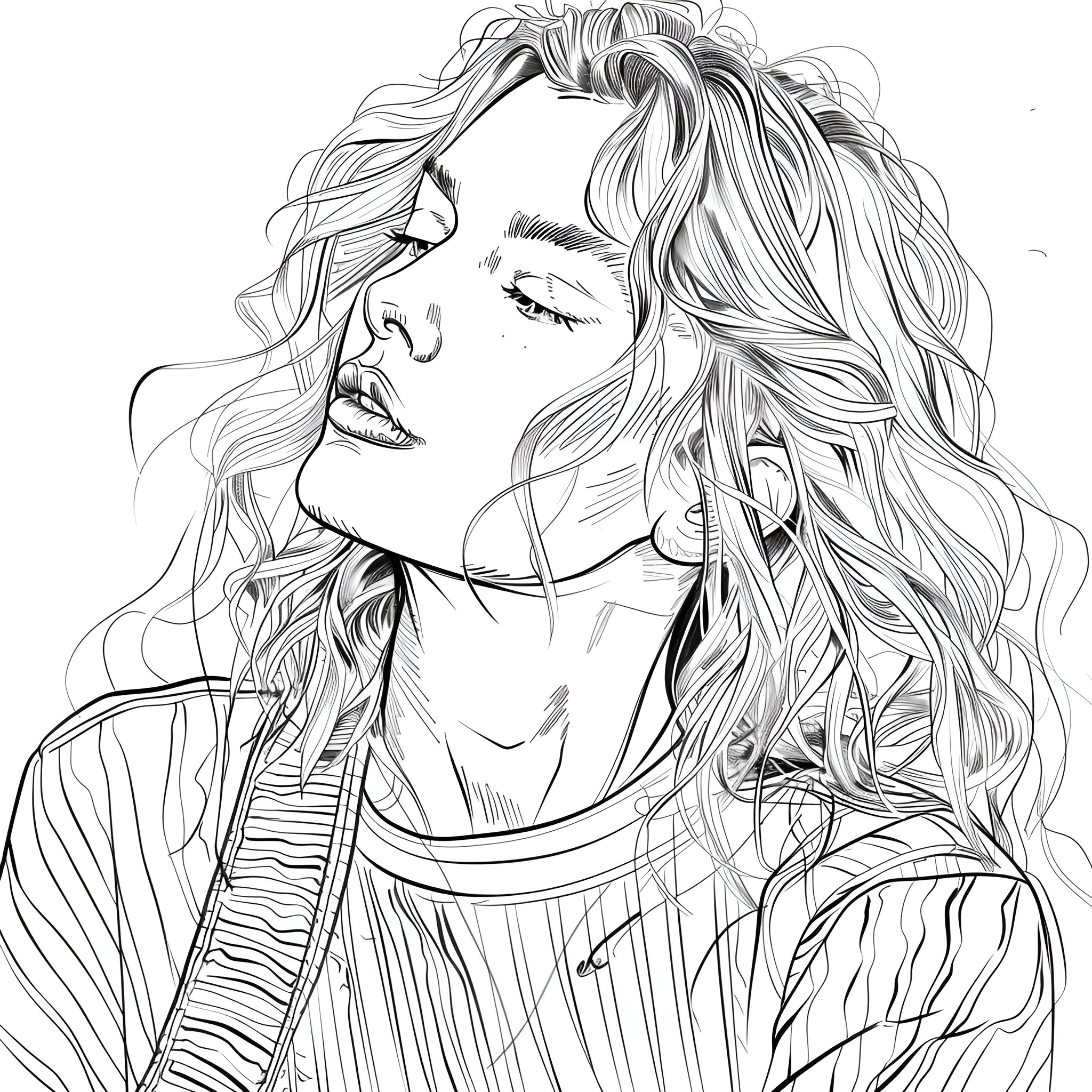 Taylor Swift gazing thoughtfully with flowing hair Coloring Page (free black-and-white line drawing printable PDF for all, from beginners to advanced learners, including children, teens, adults, and seniors)