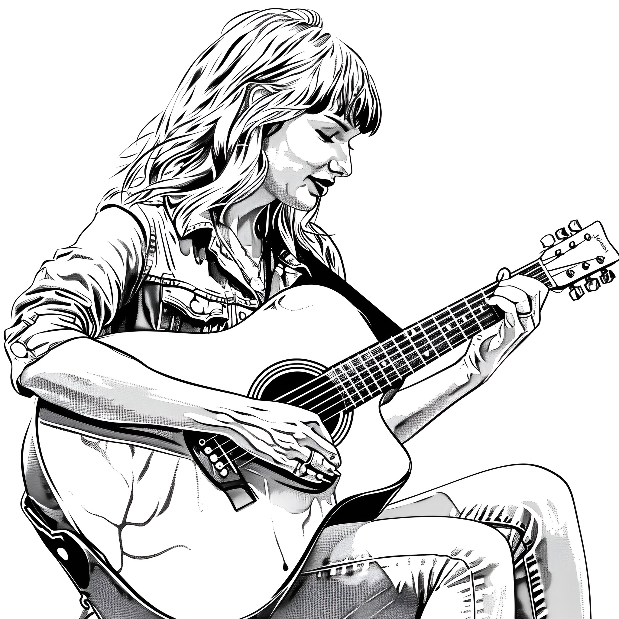 Taylor Swift playing guitar passionately Coloring Page (free black-and-white line drawing printable PDF for all, from beginners to advanced learners, including children, teens, adults, and seniors)