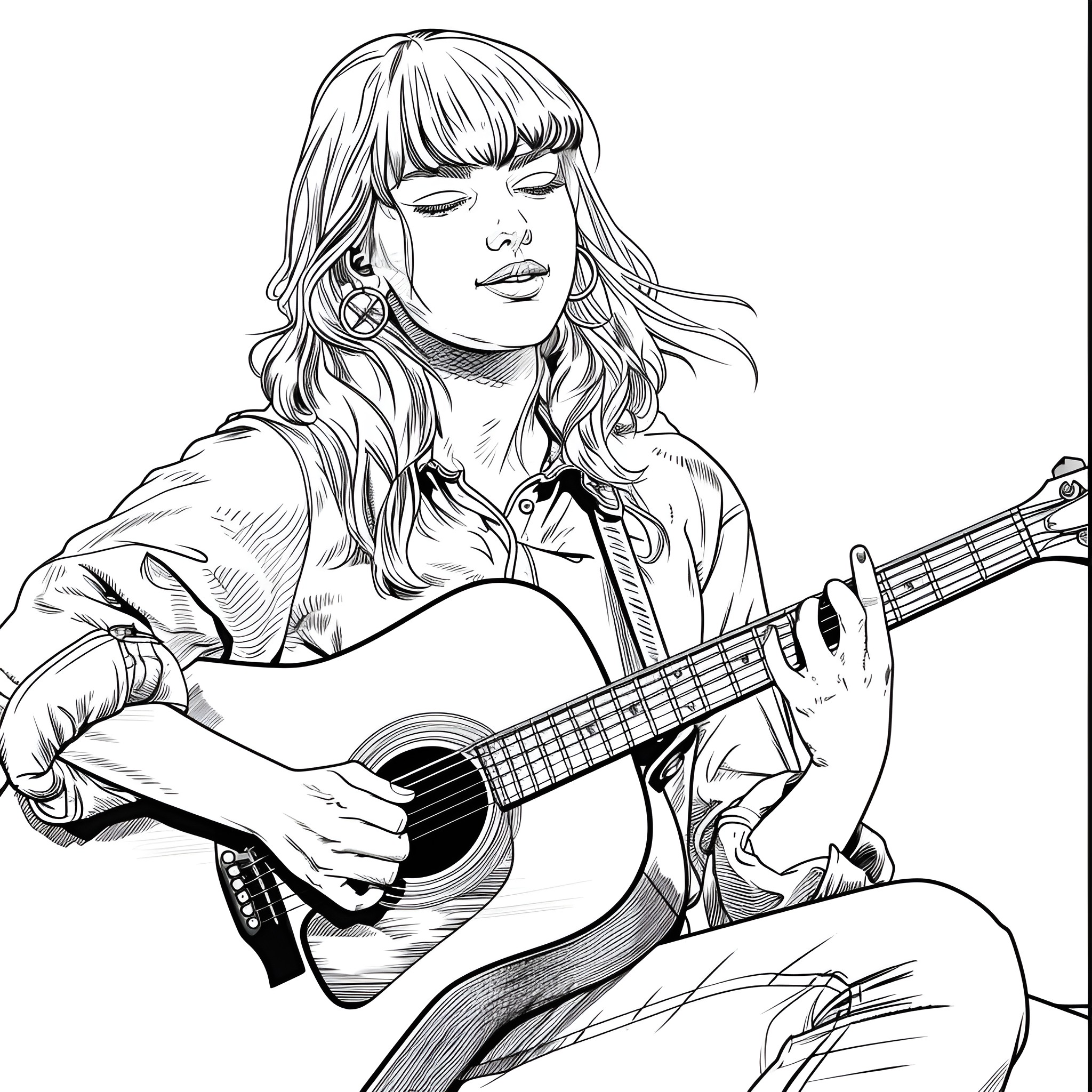 Taylor Swift playing acoustic guitar reflectively Coloring Page (free black-and-white line drawing printable PDF for all, from beginners to advanced learners, including children, teens, adults, and seniors)