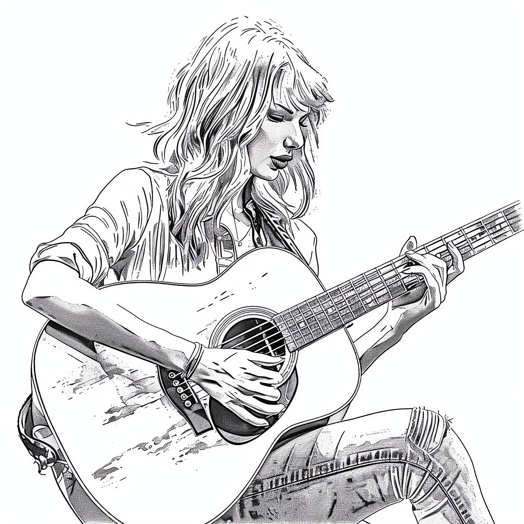 Taylor Swift playing guitar with passion Coloring Page (free black-and-white line drawing printable PDF for all, from beginners to advanced learners, including children, teens, adults, and seniors)