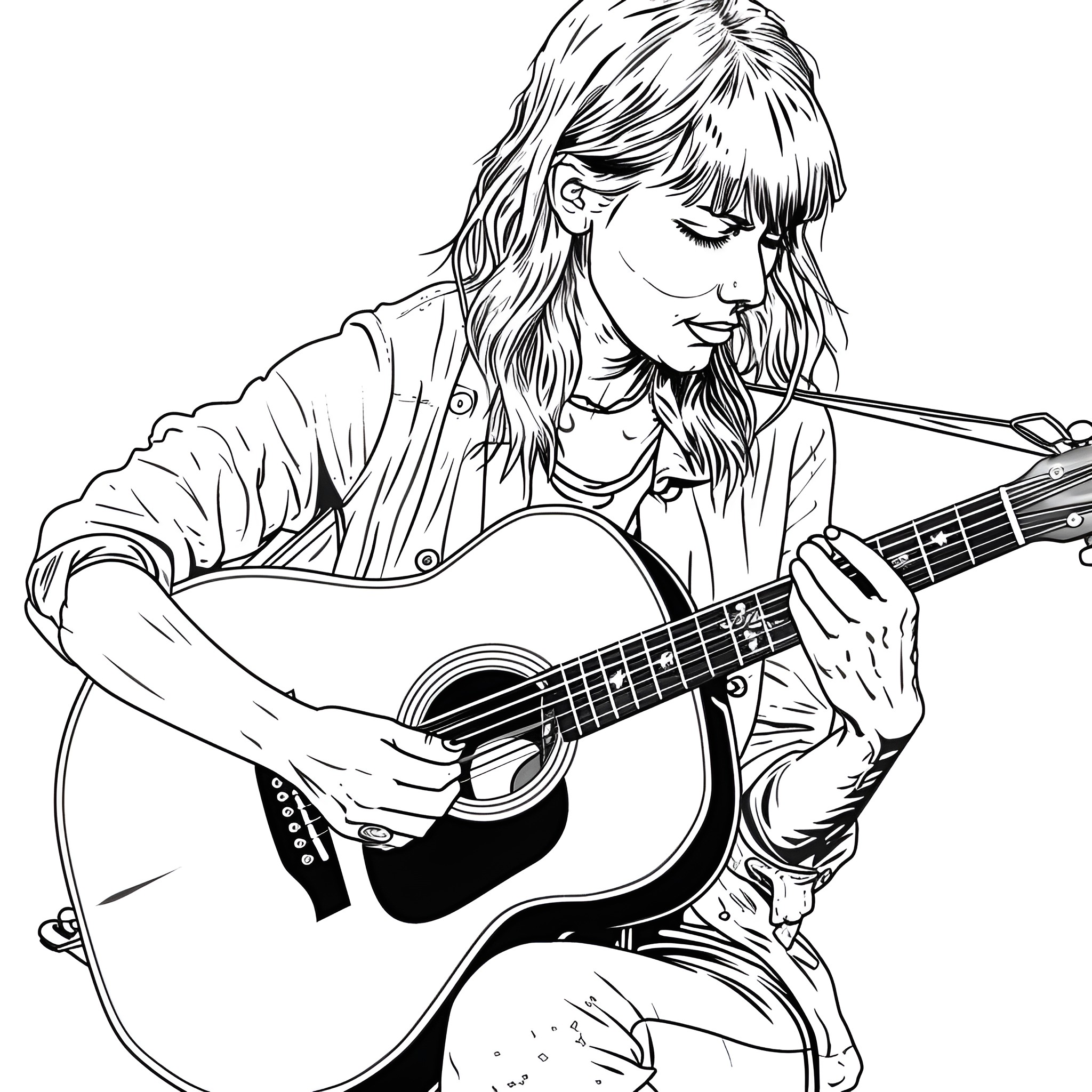 Taylor Swift playing acoustic guitar in thoughtful pose Coloring Page (free black-and-white line drawing printable PDF for all, from beginners to advanced learners, including children, teens, adults, and seniors)