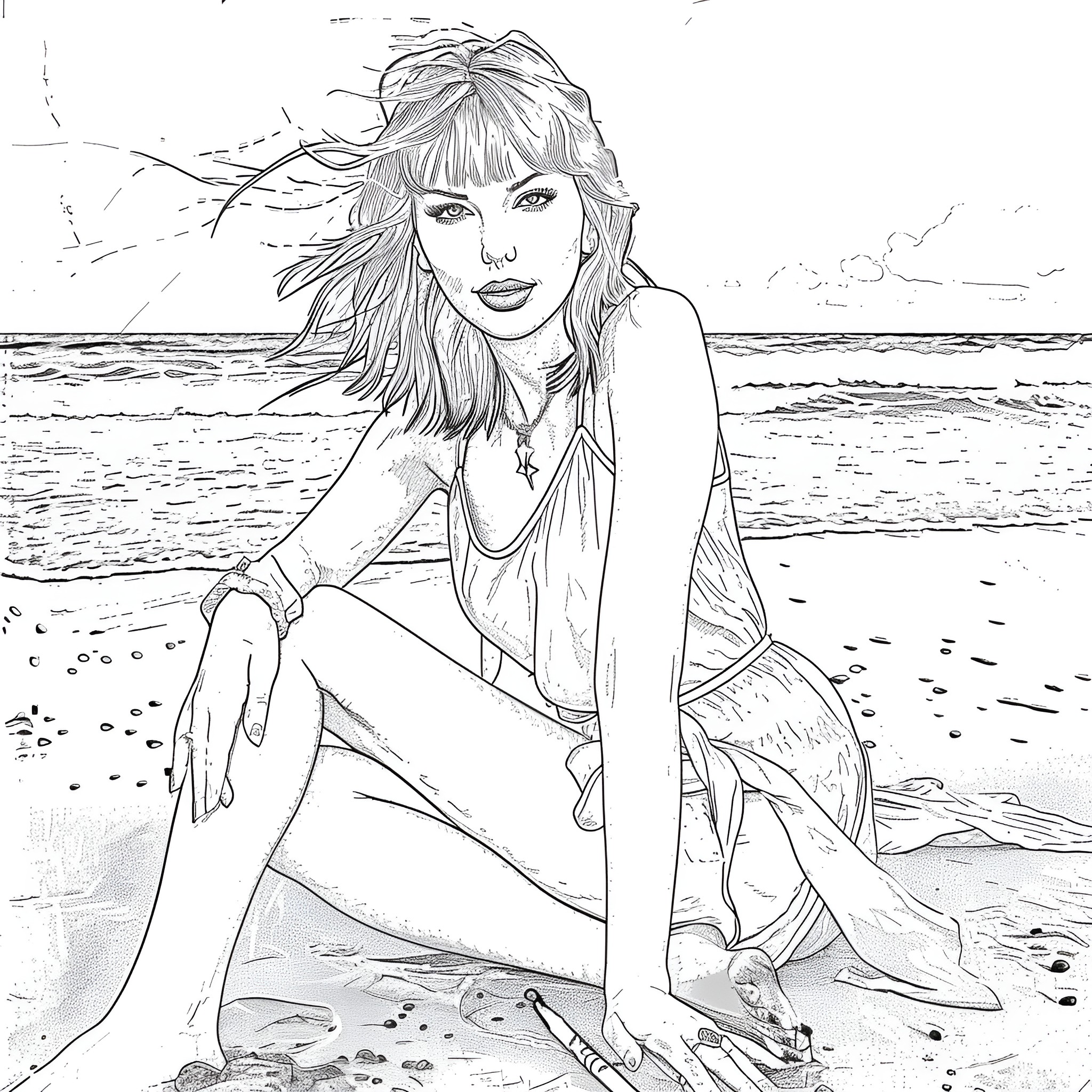 Taylor Swift dreaming by the sea Coloring Page (free black-and-white line drawing printable PDF for all, from beginners to advanced learners, including children, teens, adults, and seniors)