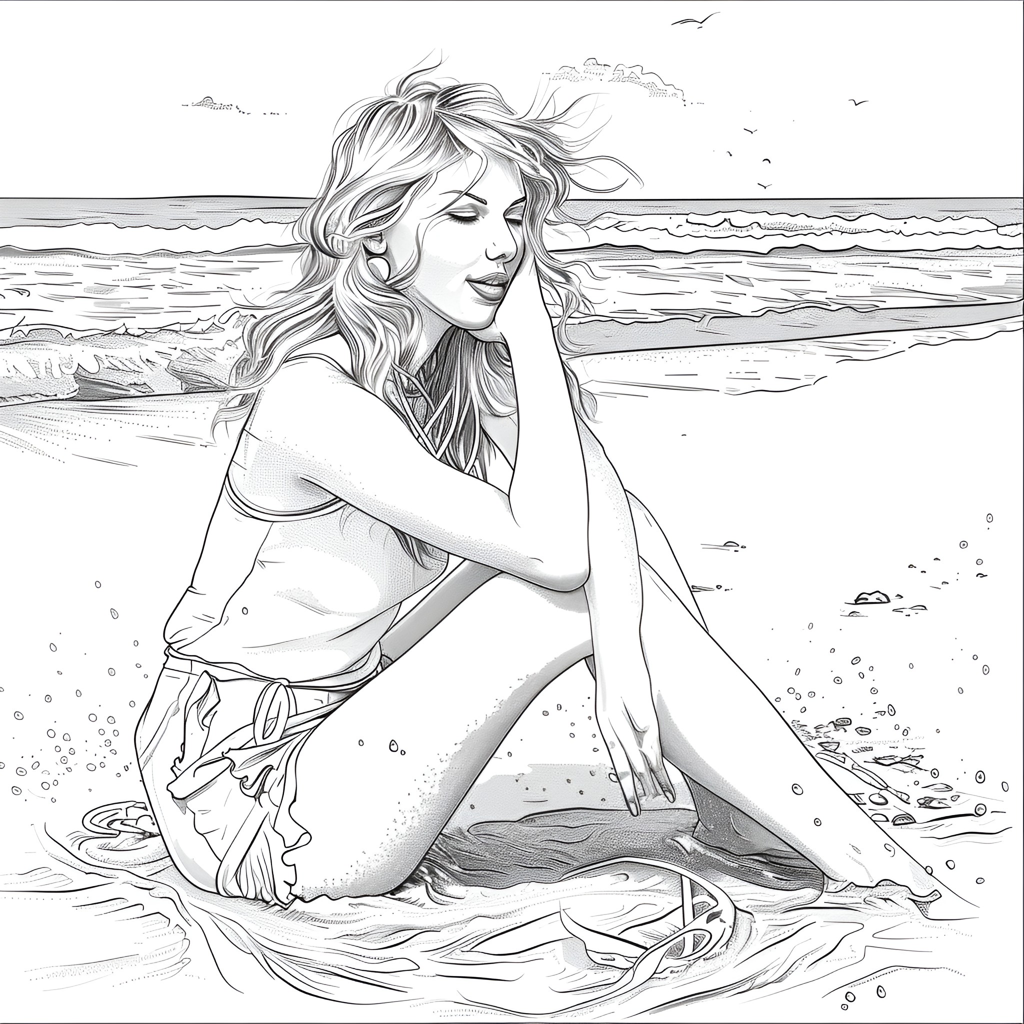 Taylor Swift relaxing peacefully on the beach Coloring Page (free black-and-white line drawing printable PDF for all, from beginners to advanced learners, including children, teens, adults, and seniors)