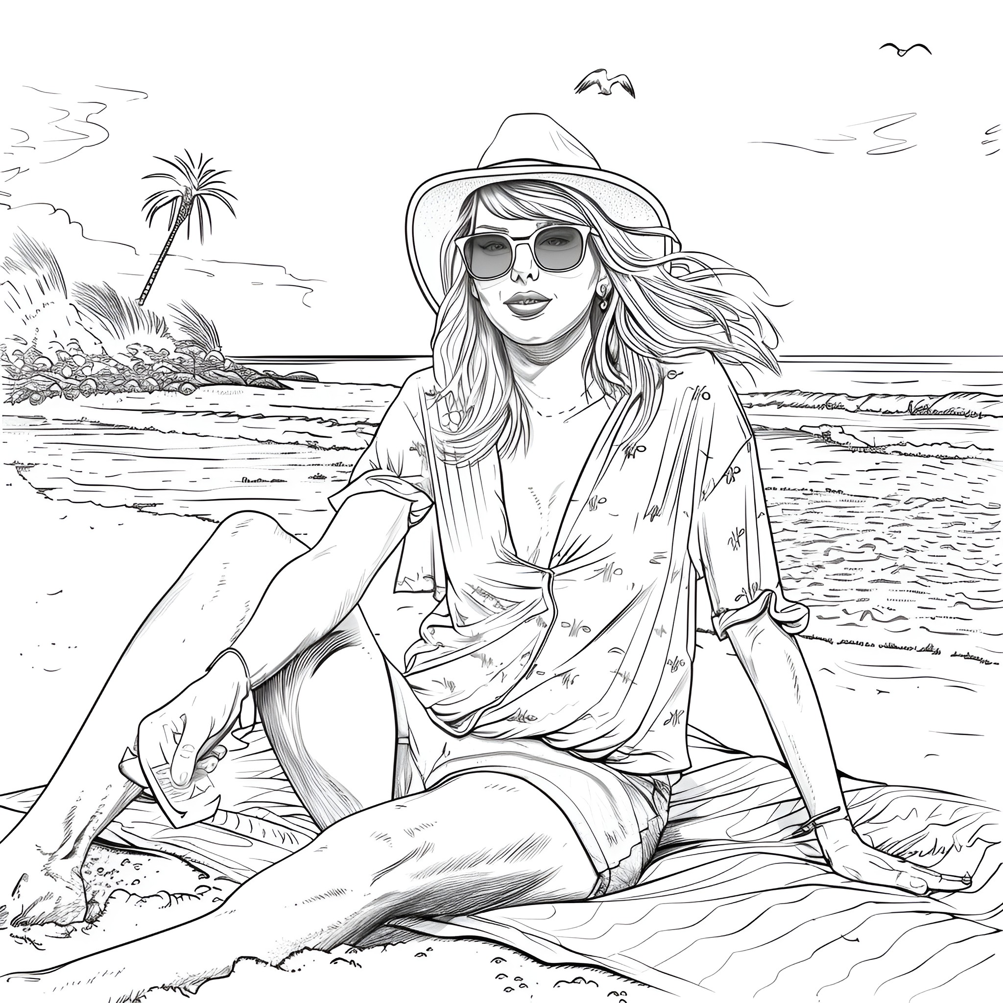 Taylor Swift relaxing on a tropical beach Coloring Page (free black-and-white line drawing printable PDF for all, from beginners to advanced learners, including children, teens, adults, and seniors)