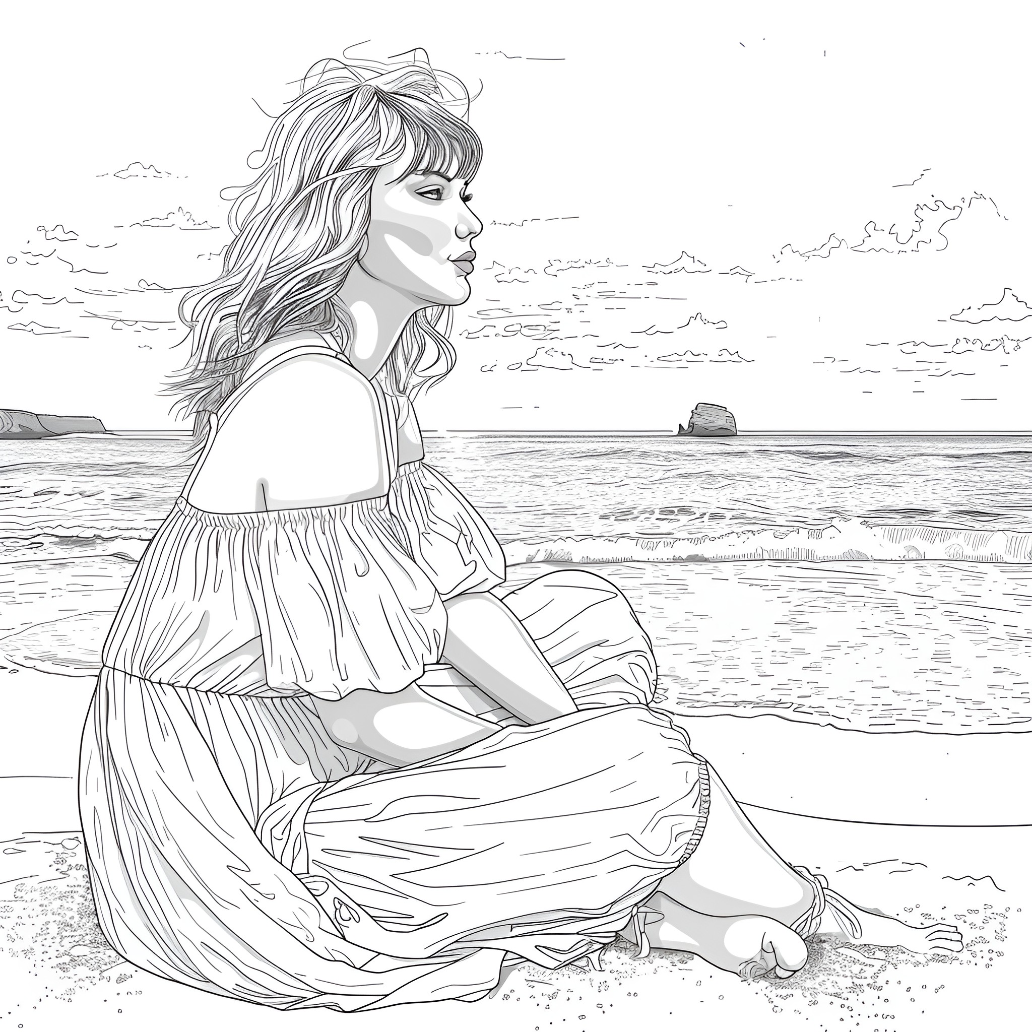 Taylor Swift sitting by the ocean Coloring Page (free black-and-white line drawing printable PDF for all, from beginners to advanced learners, including children, teens, adults, and seniors)