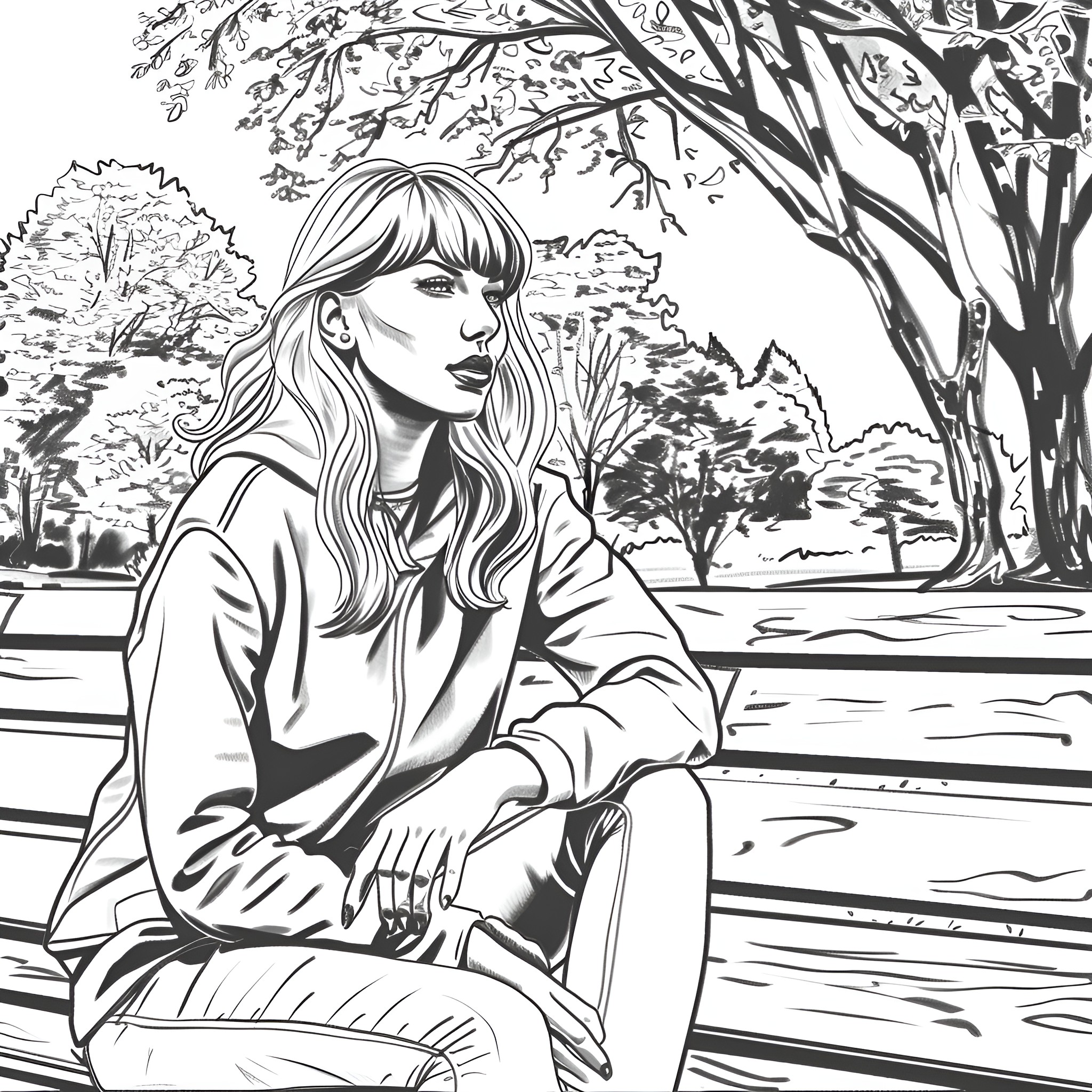 Taylor Swift contemplating in nature Coloring Page (free black-and-white line drawing printable PDF for all, from beginners to advanced learners, including children, teens, adults, and seniors)
