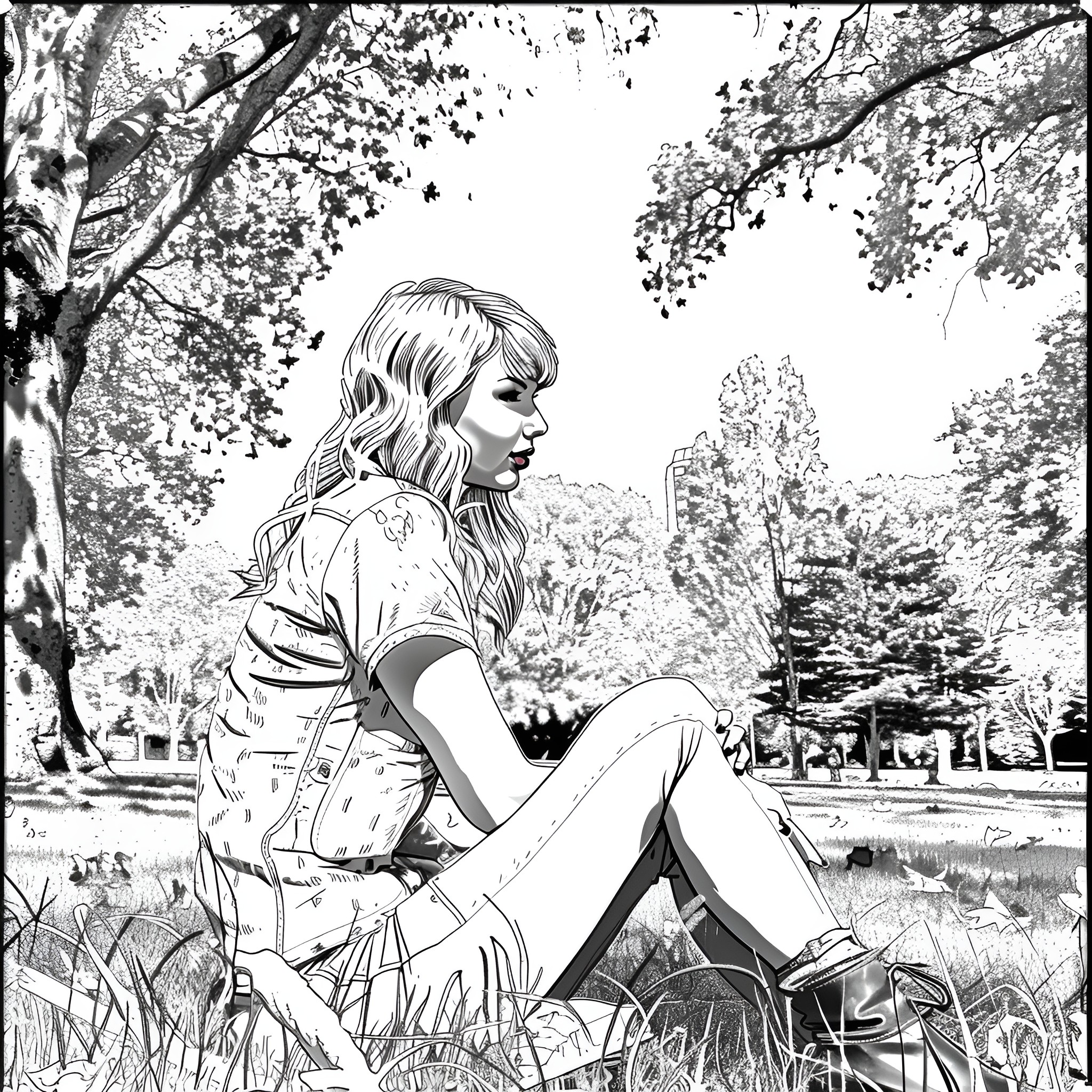 Taylor Swift pondering in an autumnal scene Coloring Page (free black-and-white line drawing printable PDF for all, from beginners to advanced learners, including children, teens, adults, and seniors)