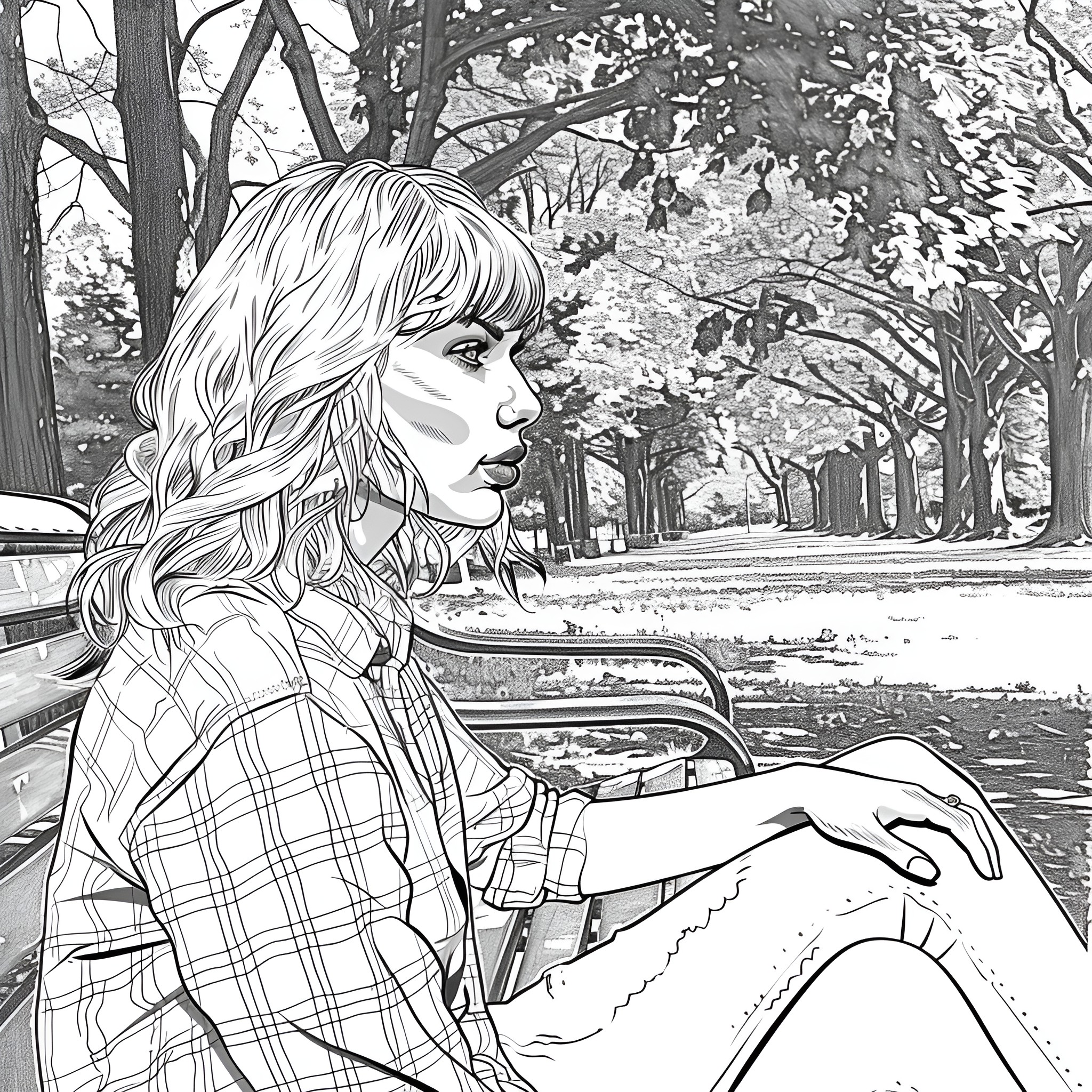 Taylor Swift contemplative in autumn scene Coloring Page (free black-and-white line drawing printable PDF for all, from beginners to advanced learners, including children, teens, adults, and seniors)