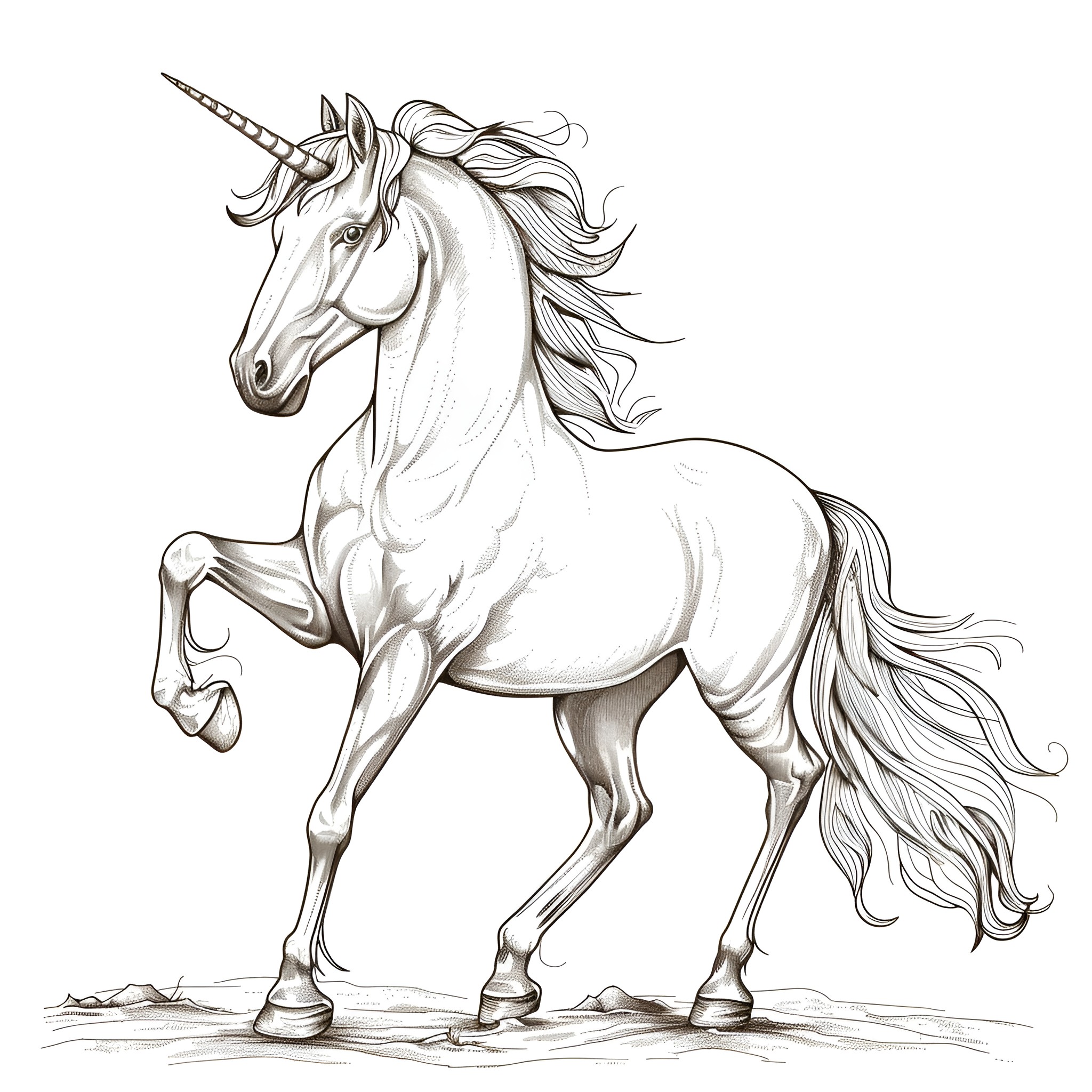 Unicorn prancing gracefully on field Coloring Page (free black-and-white line drawing printable PDF for all, from beginners to advanced learners, including children, teens, adults, and seniors)