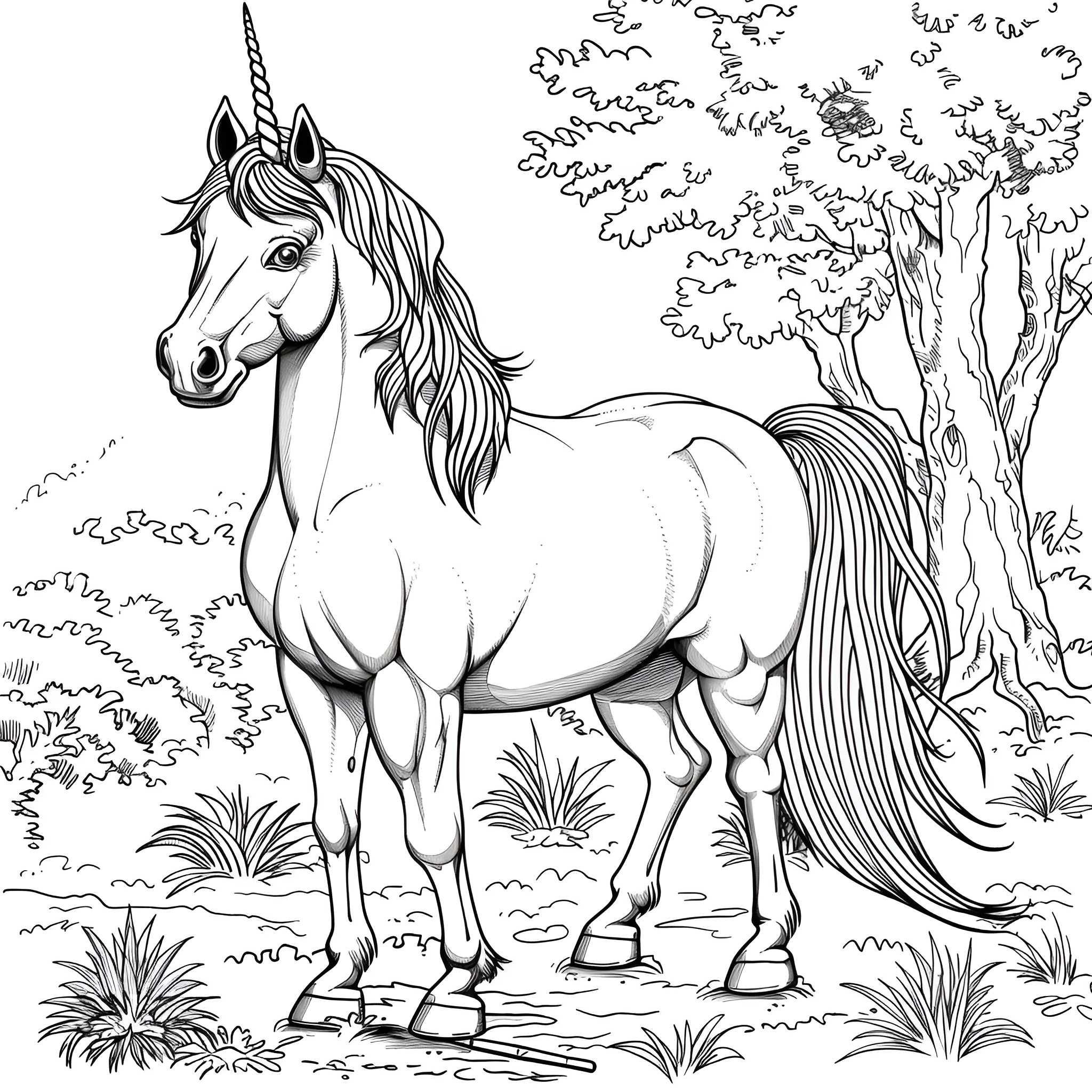 Unicorn standing in a magical forest Coloring Page (free black-and-white line drawing printable PDF for all, from beginners to advanced learners, including children, teens, adults, and seniors)