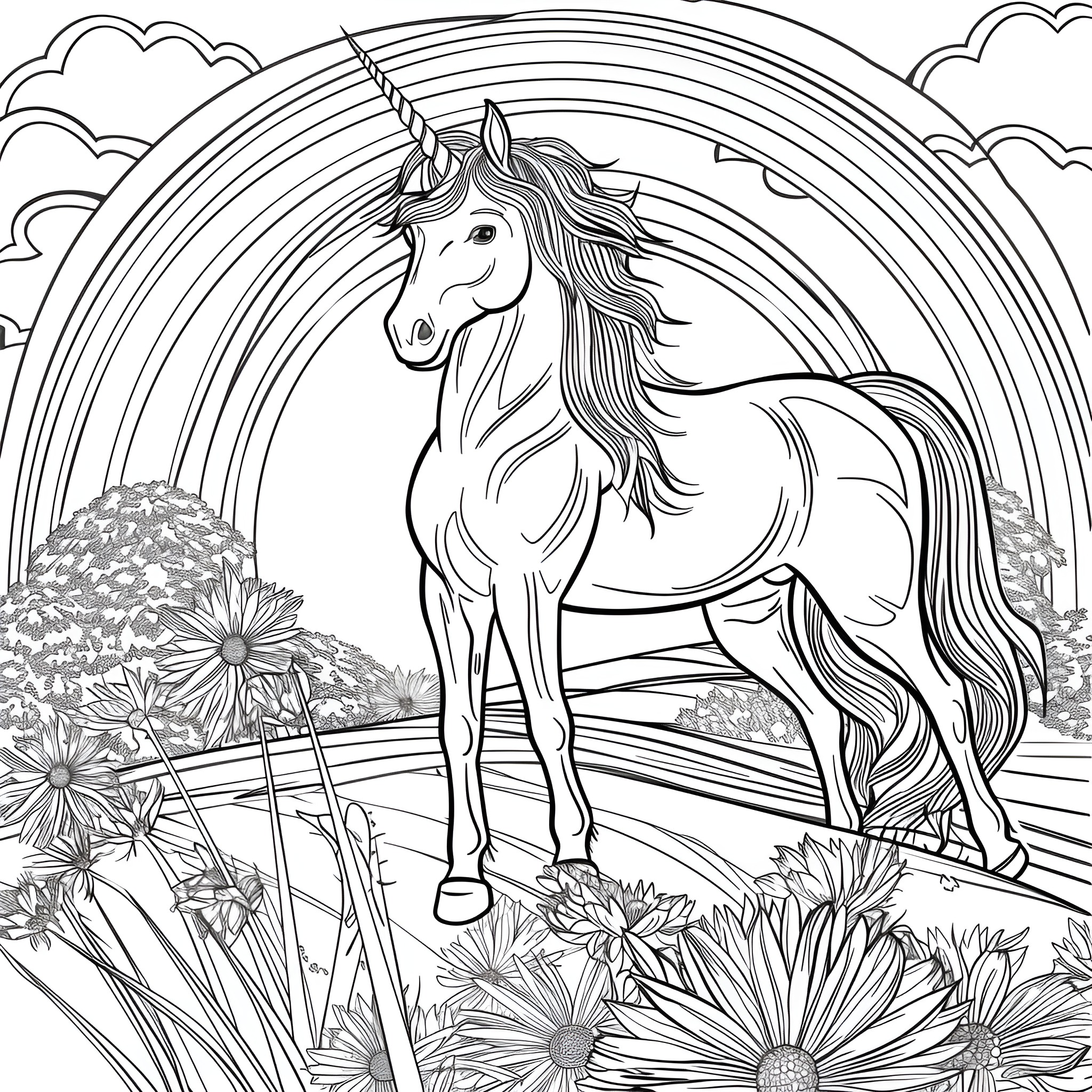 Unicorn in a magical meadow Coloring Page (free black-and-white line drawing printable PDF for all, from beginners to advanced learners, including children, teens, adults, and seniors)