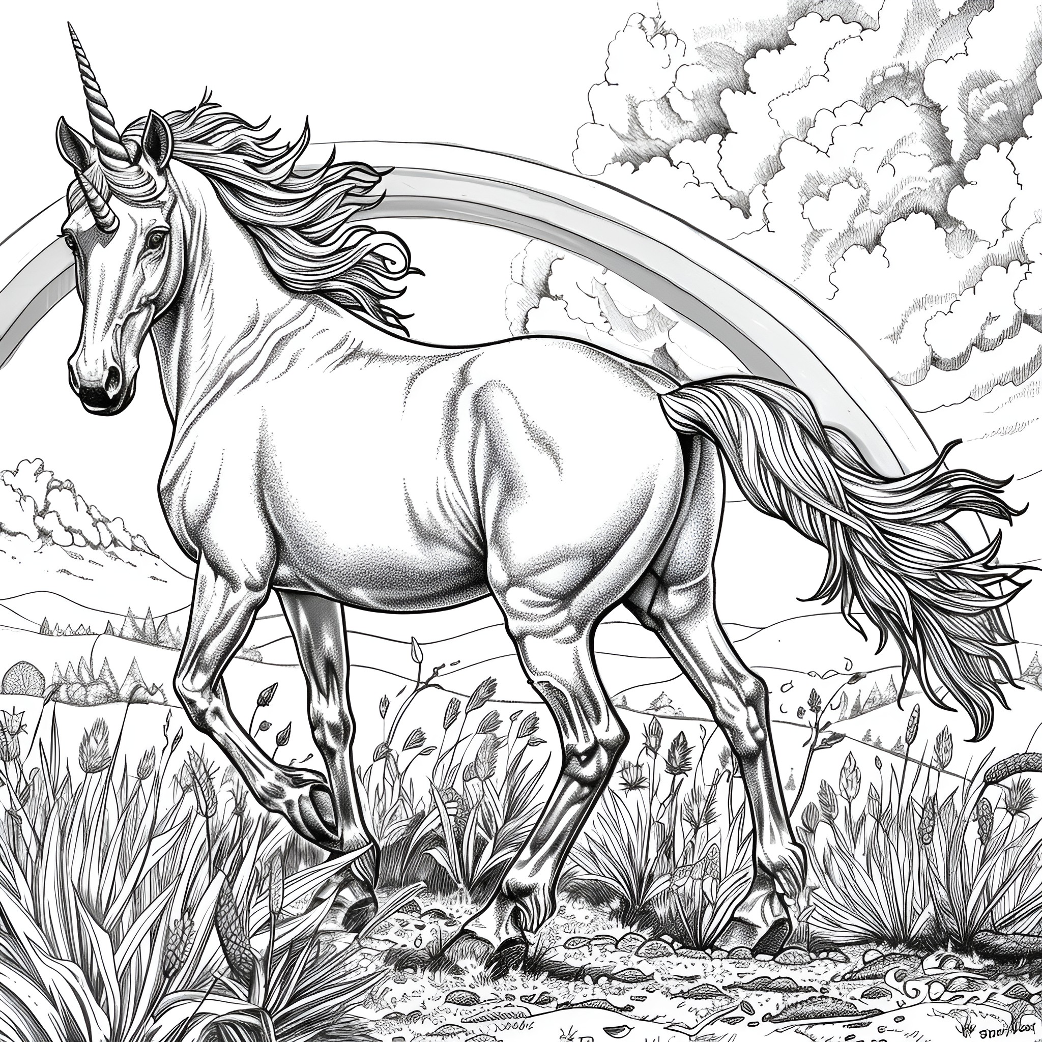 Unicorn galloping through magical meadow Coloring Page (free black-and-white line drawing printable PDF for all, from beginners to advanced learners, including children, teens, adults, and seniors)